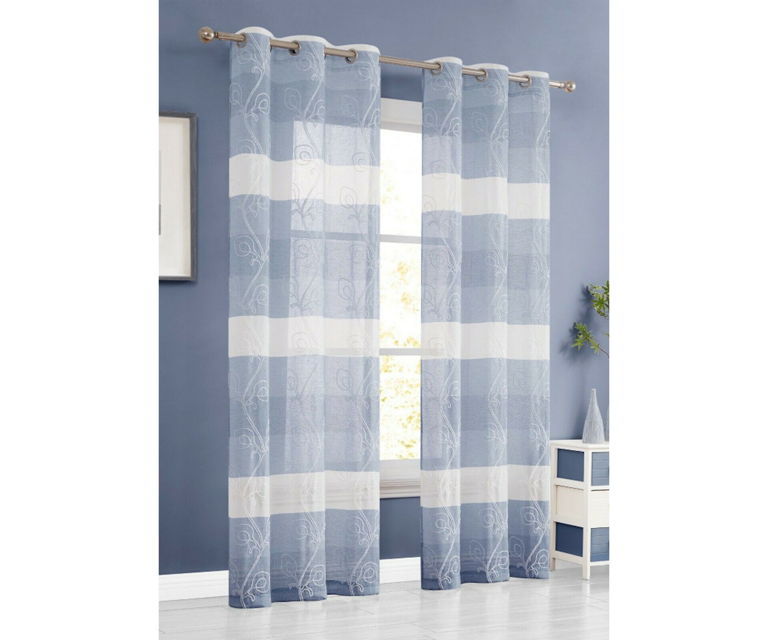 Silvia Ombre Striped Gradient Window Panel Pair With Floral Chenille Embroidery