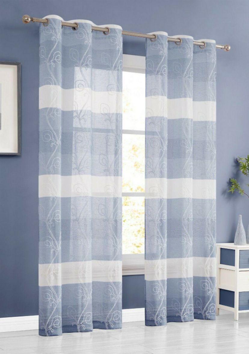 Silvia Ombre Striped Gradient Window Panel Pair With Floral Chenille Embroidery