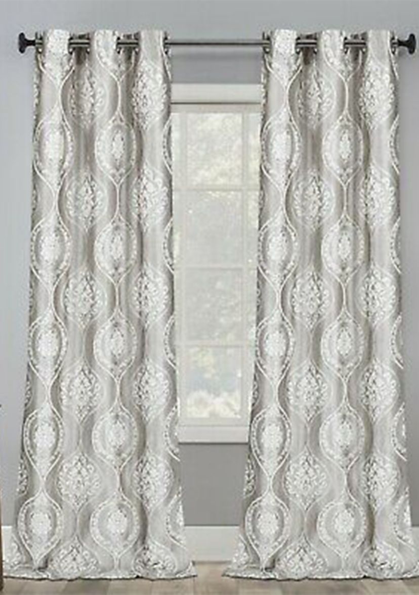 Monaco Jacquard Embroidered Satin Textured Room Darkening Window Panel Pair