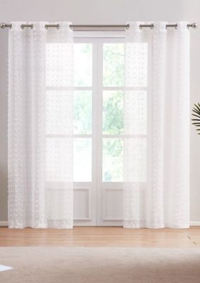 Dainty Home Cut Flower Linen Look Curtain Panel Pair With Floral Cotton Like Puffs, White, 84 in