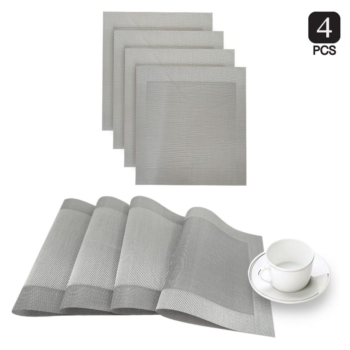 Napa Woven Textilene Crossweave With Solid Geometric Pattern Reversible 15" x 15" Square Placemat Set of 4