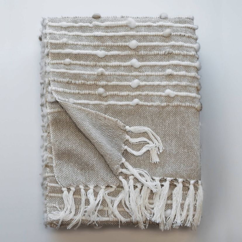 Damara Slub Stripe Tasseled Cotton Blend Throw