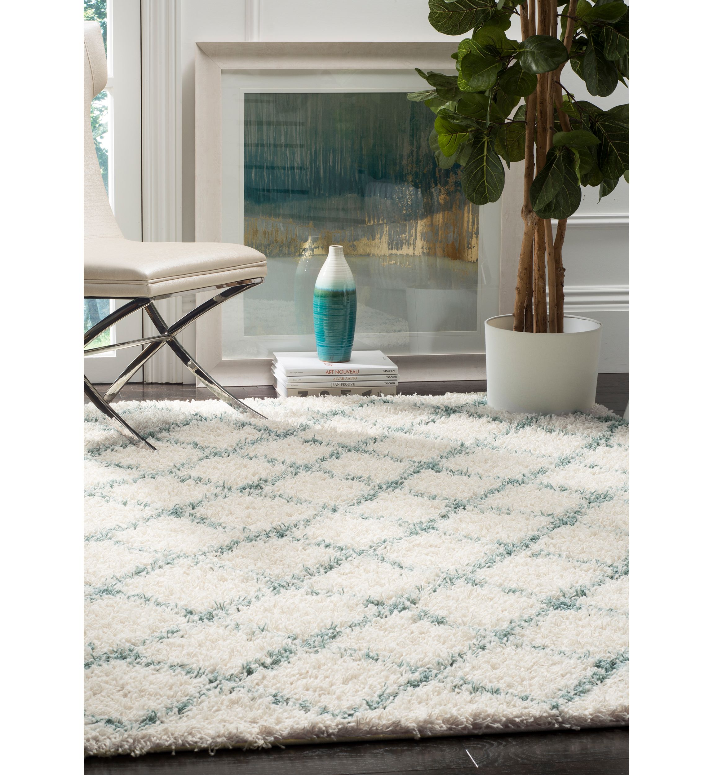 Dallas Shag Ivory/Seafoam Area Rug 8-ft. 6-in. x 12-ft.