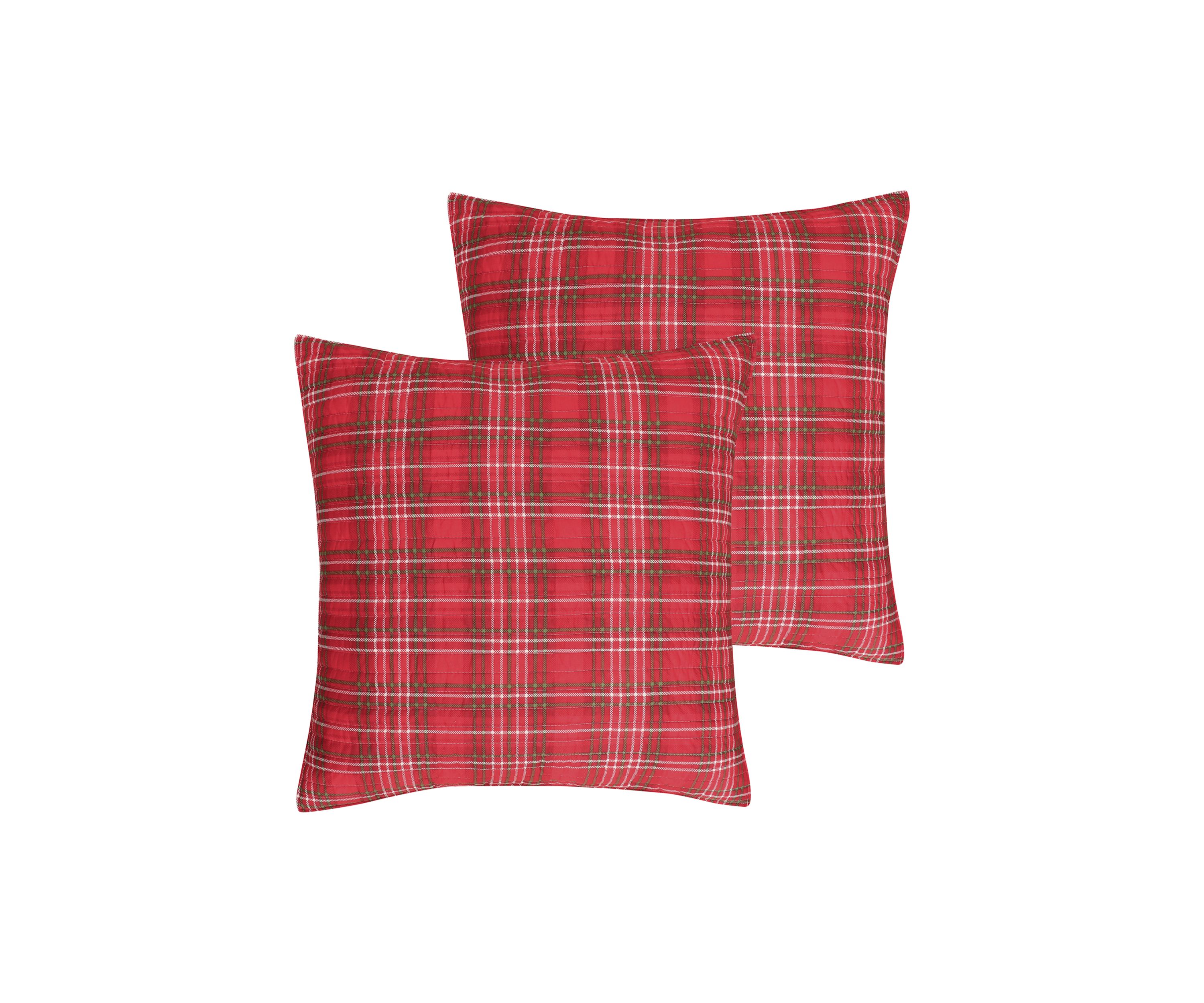 Yuletide Euro Sham Set of Two Quilted Plaid - Red, Green, Cream - Cotton