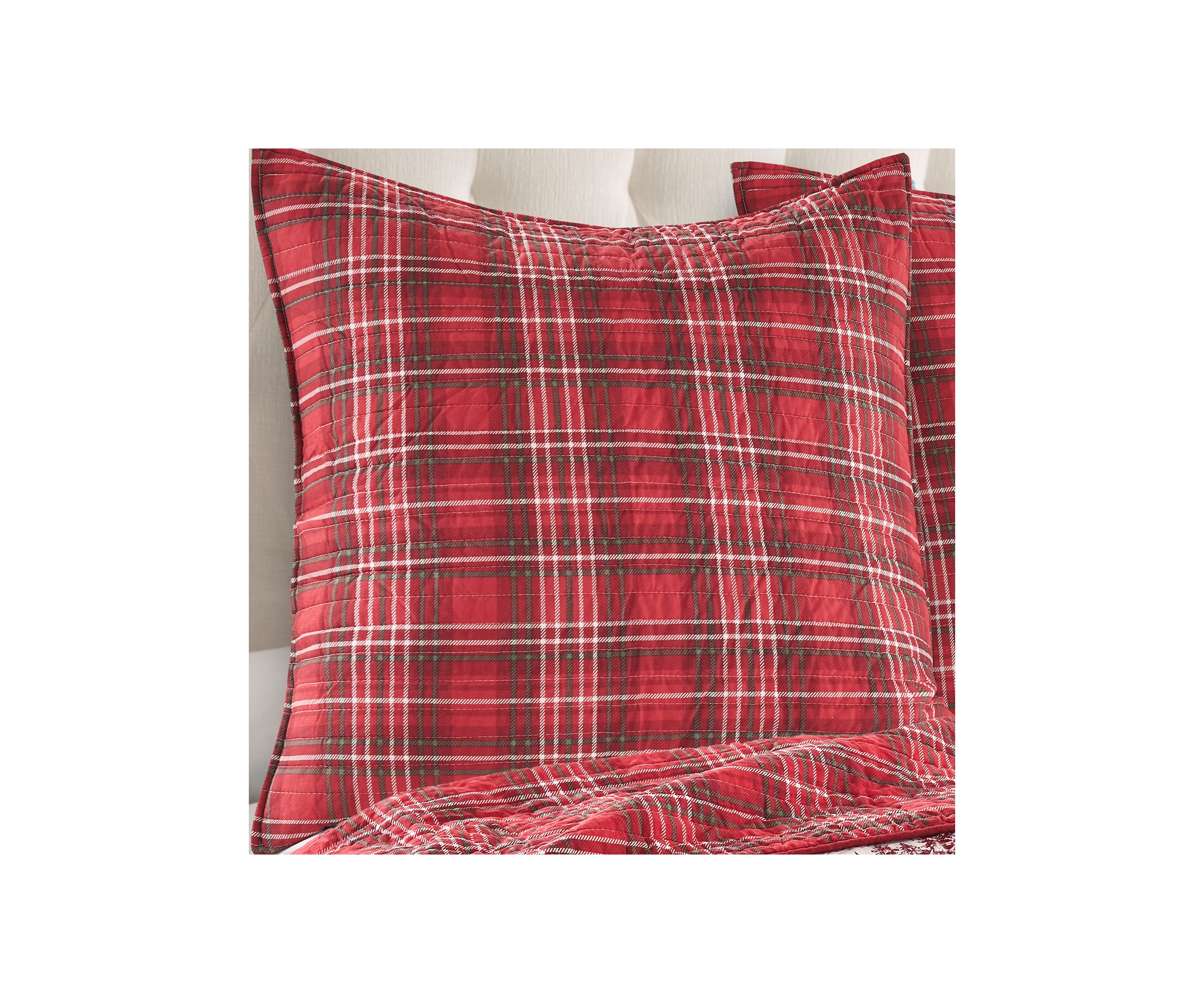 Yuletide Euro Sham Set of Two Quilted Plaid - Red, Green, Cream - Cotton