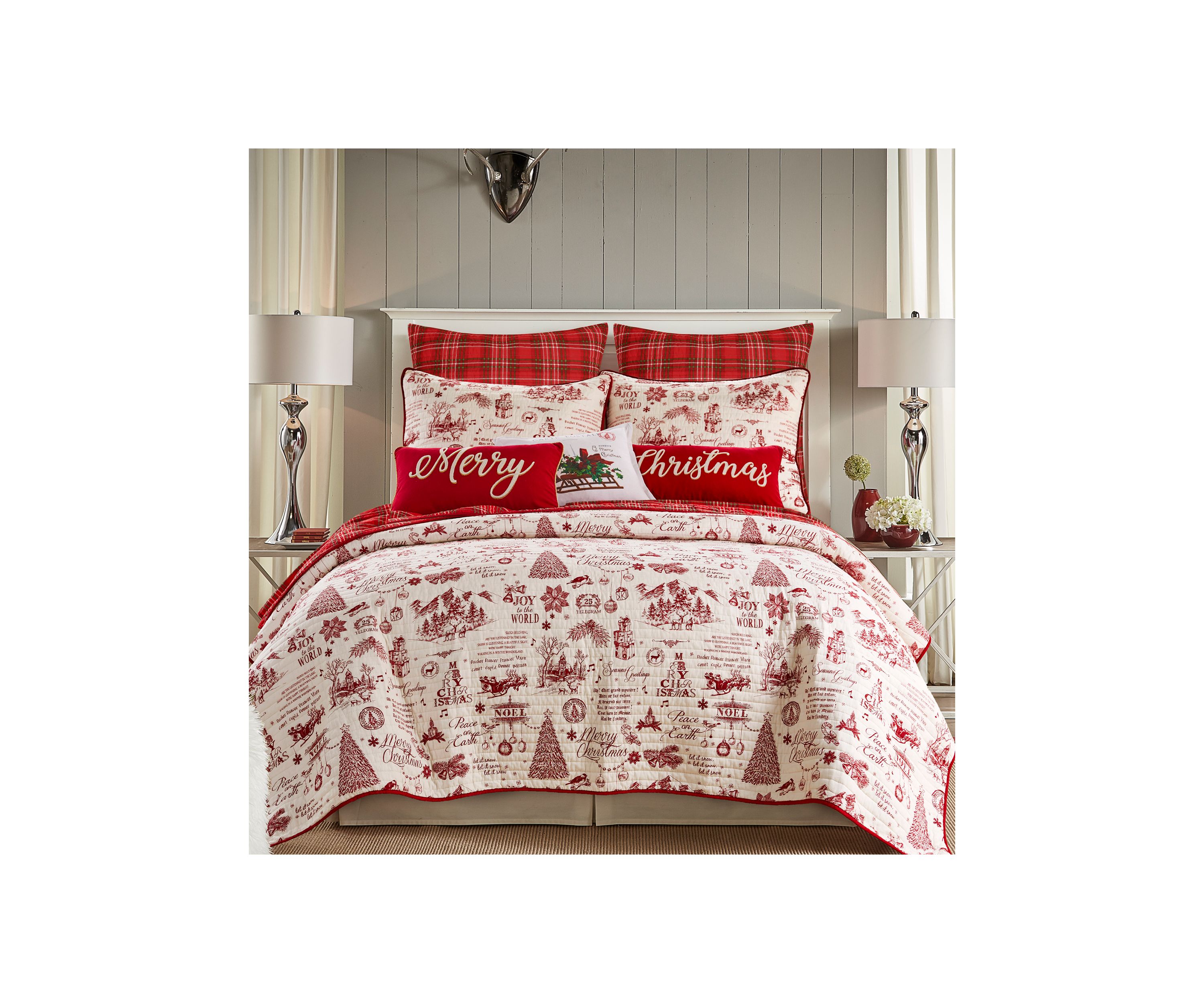 Yuletide Euro Sham Set of Two Quilted Plaid - Red, Green, Cream - Cotton