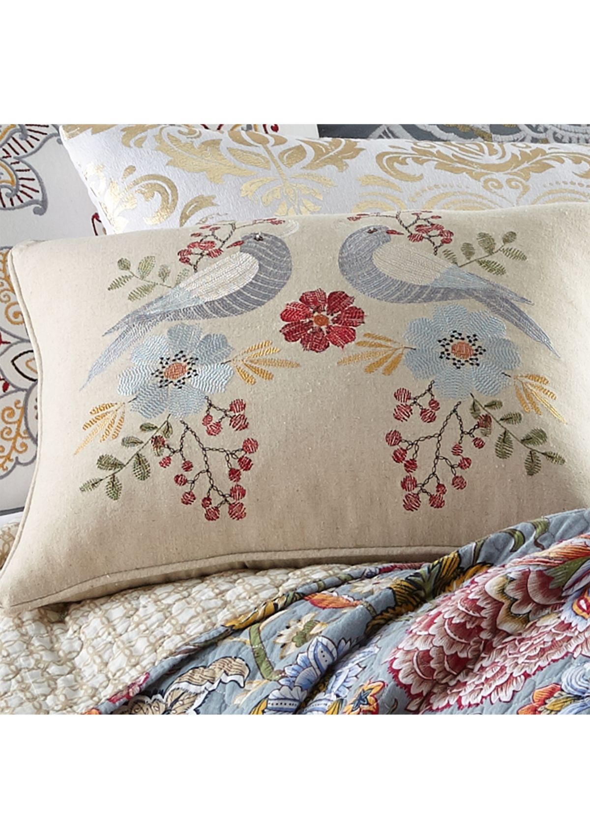 Angelina Linen Bird Embroidered Pillow