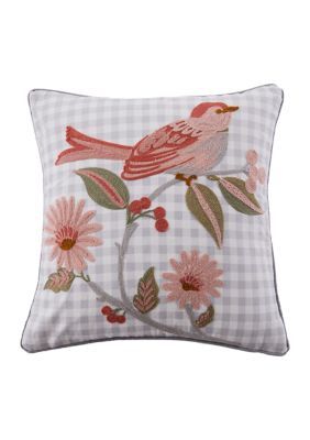 Pippa Embroidered Bird Gigham Pillow