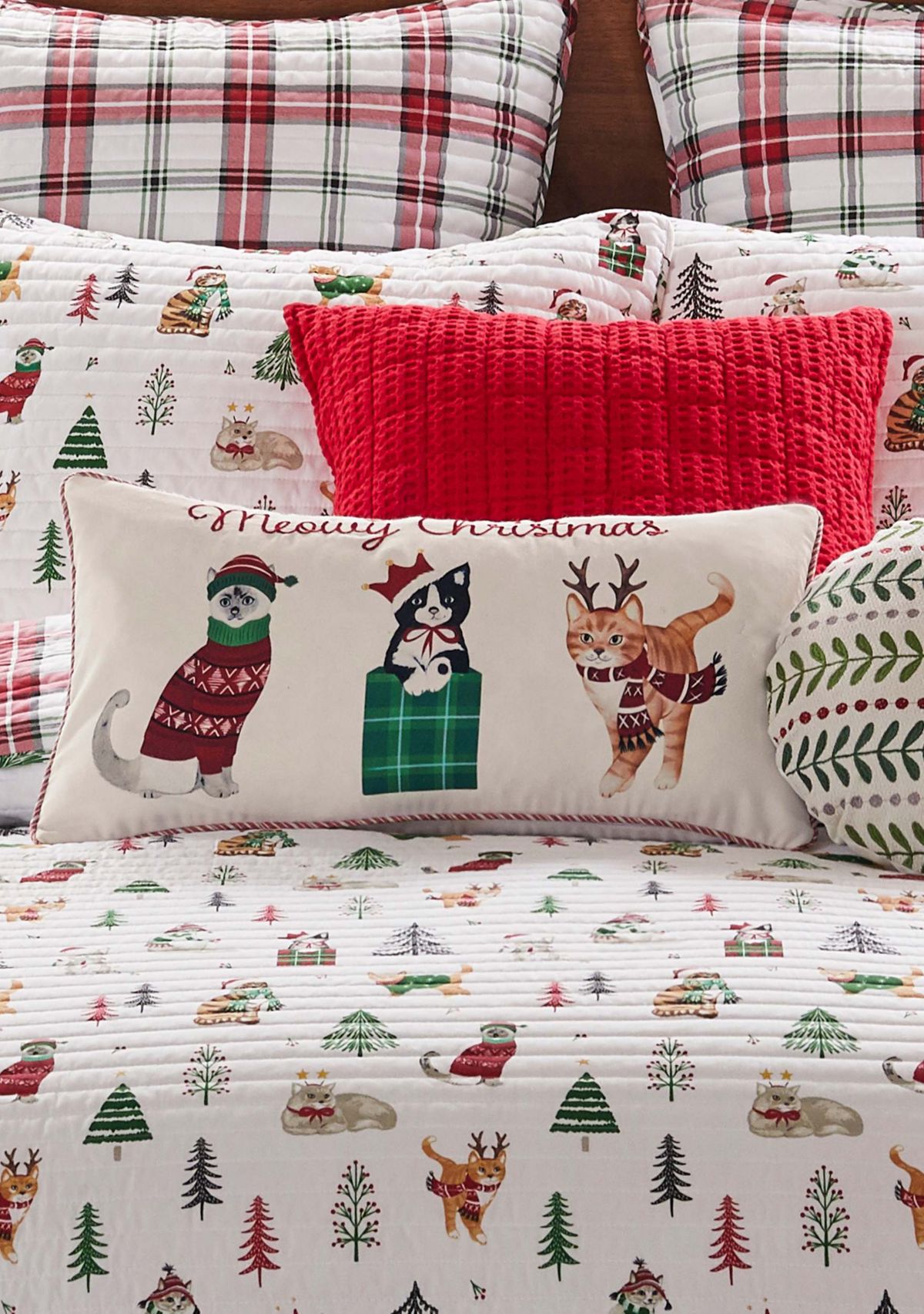 Meowy Christmas Embroidered Pillow