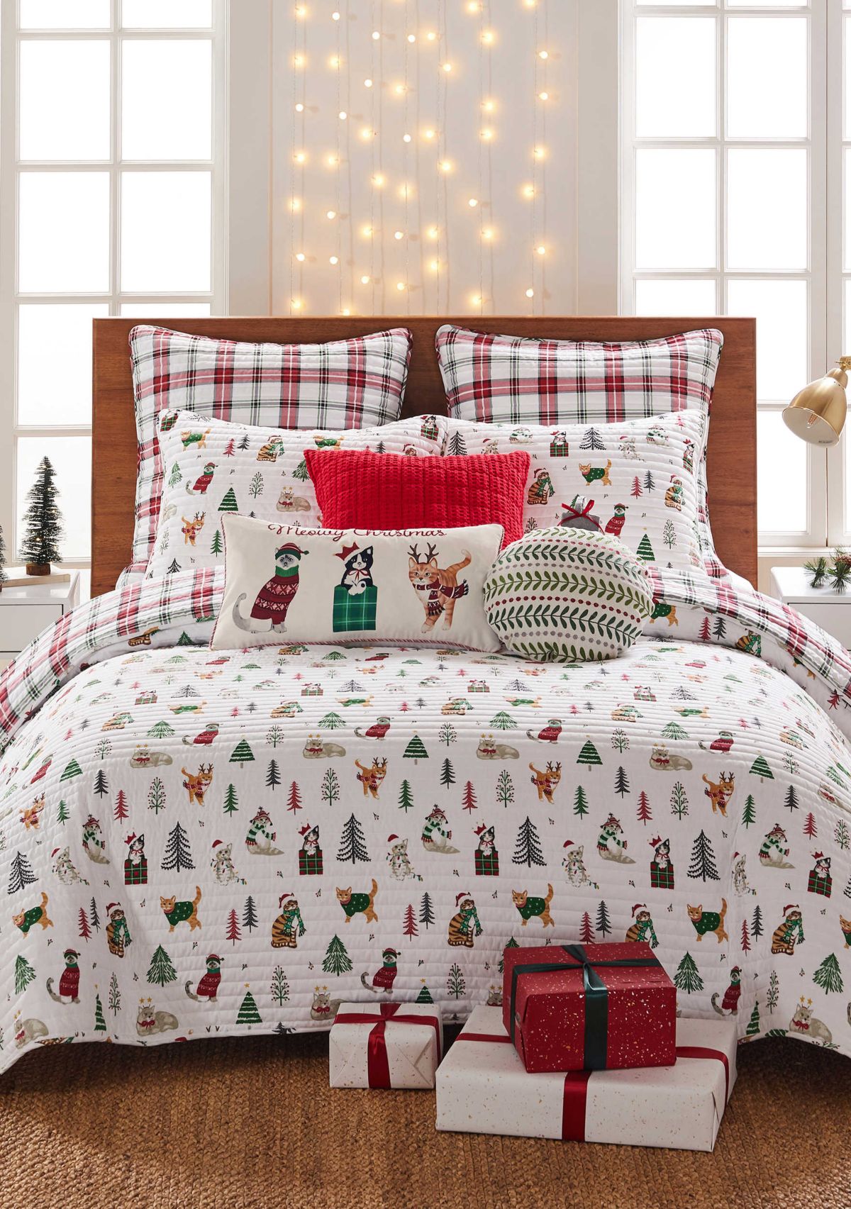 Meowy Christmas Embroidered Pillow