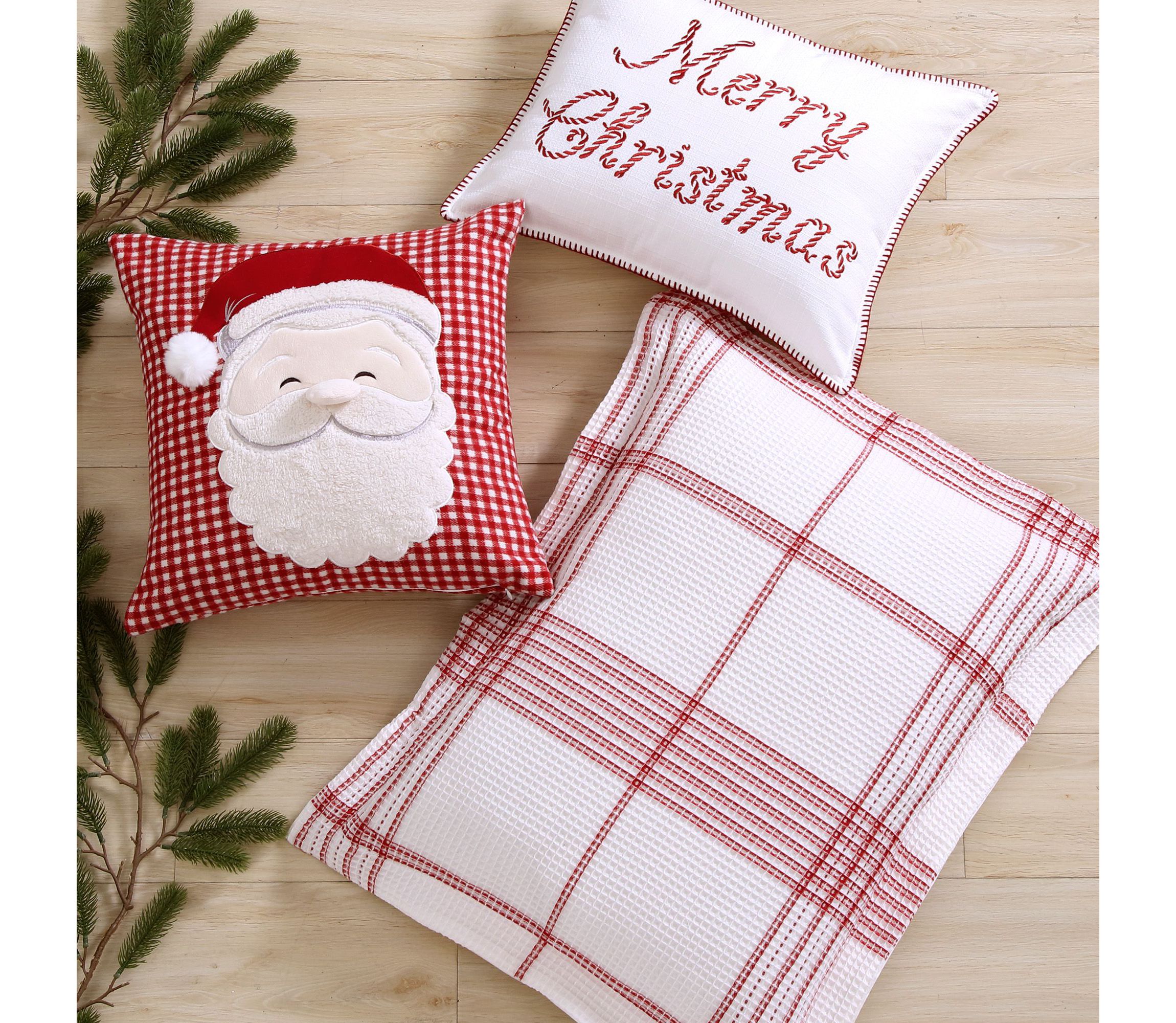Peppermint Plaid Santa Applique Pillow 18x18