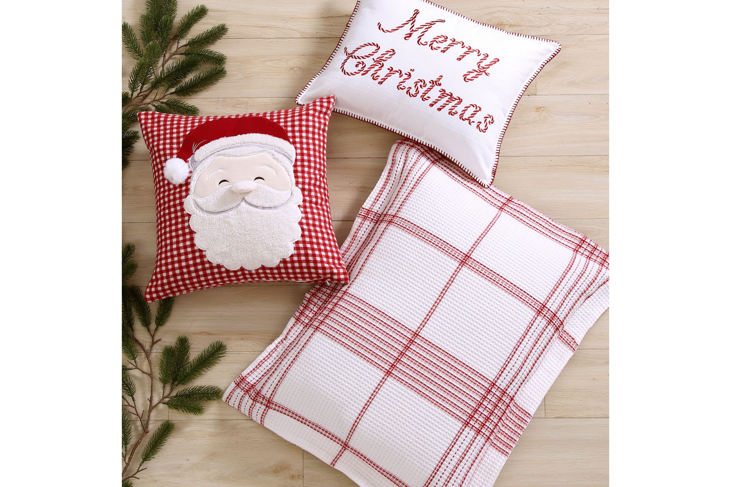 Peppermint Plaid Santa Applique Pillow 18x18