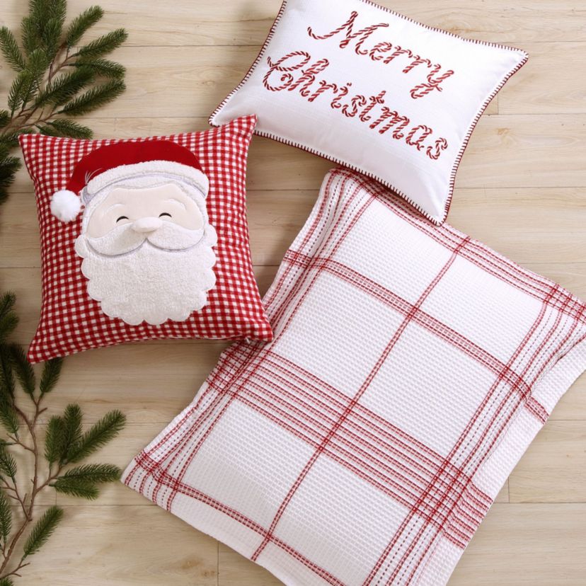 Peppermint Plaid Santa Applique Pillow 18x18