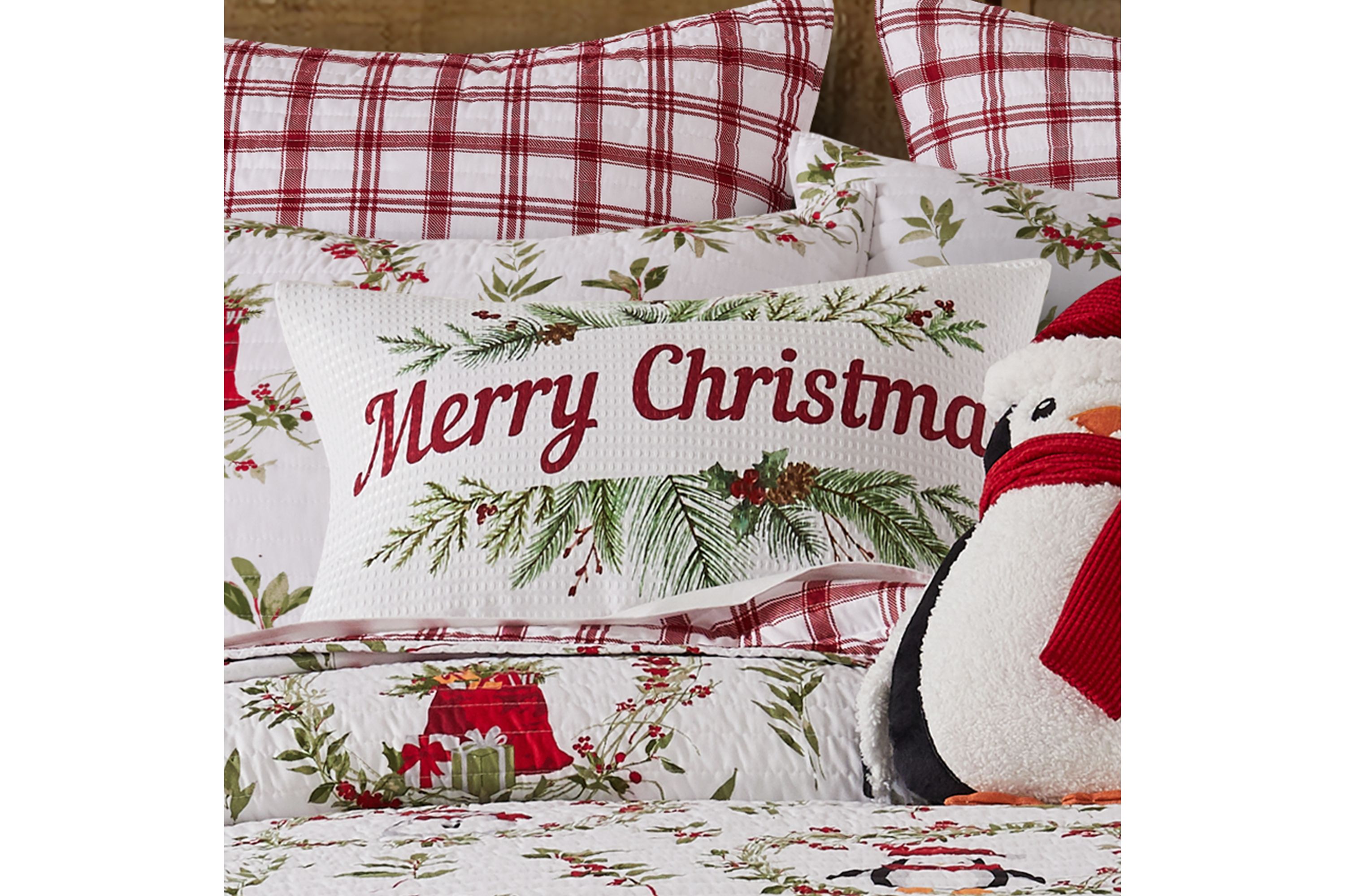 Pine & Plaid Printed Merry Christmas Pillow 12x20