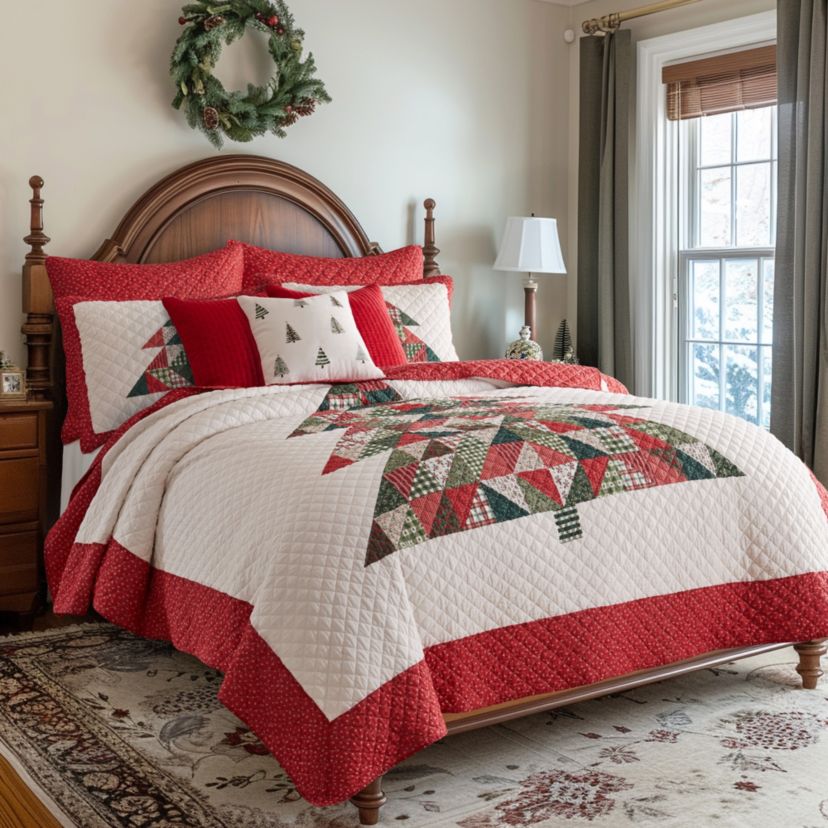 Patchwork Pine Embroidered Trees Pillow 18x18