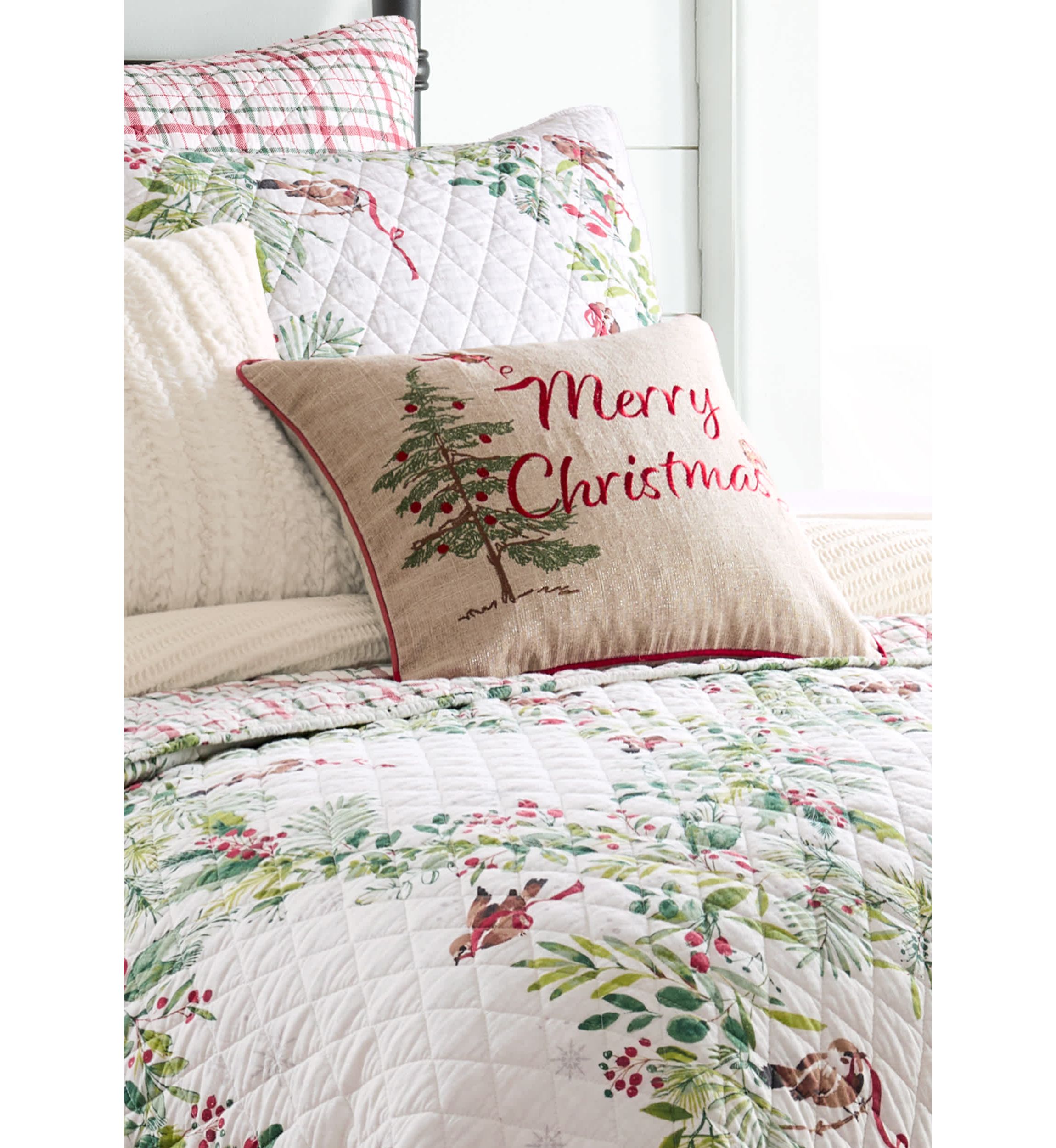 Tinsel Tidings EmbroideBirds & Trees Pillow