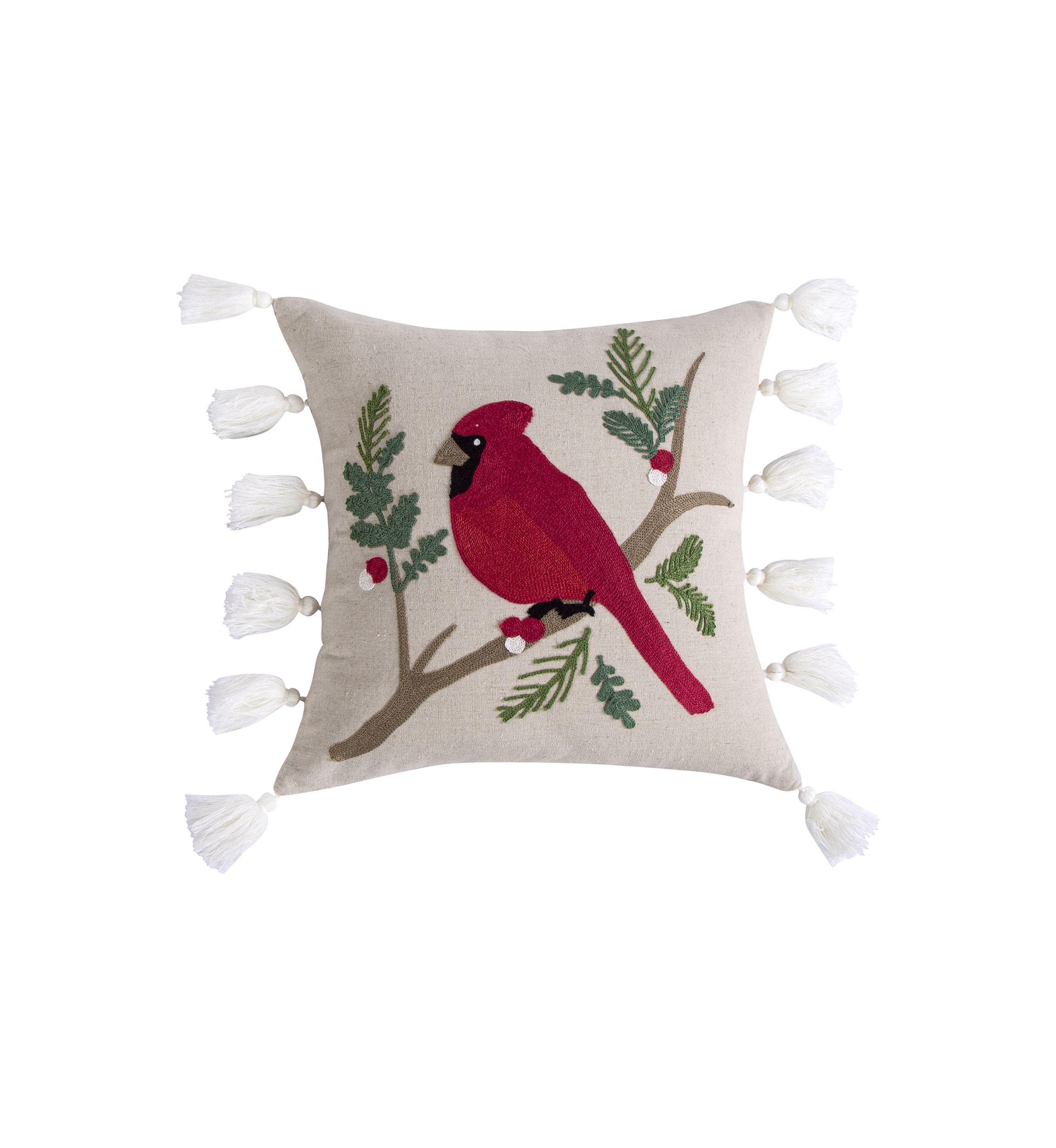 Joybirds Cardinal Embroidered Tassel Pillow