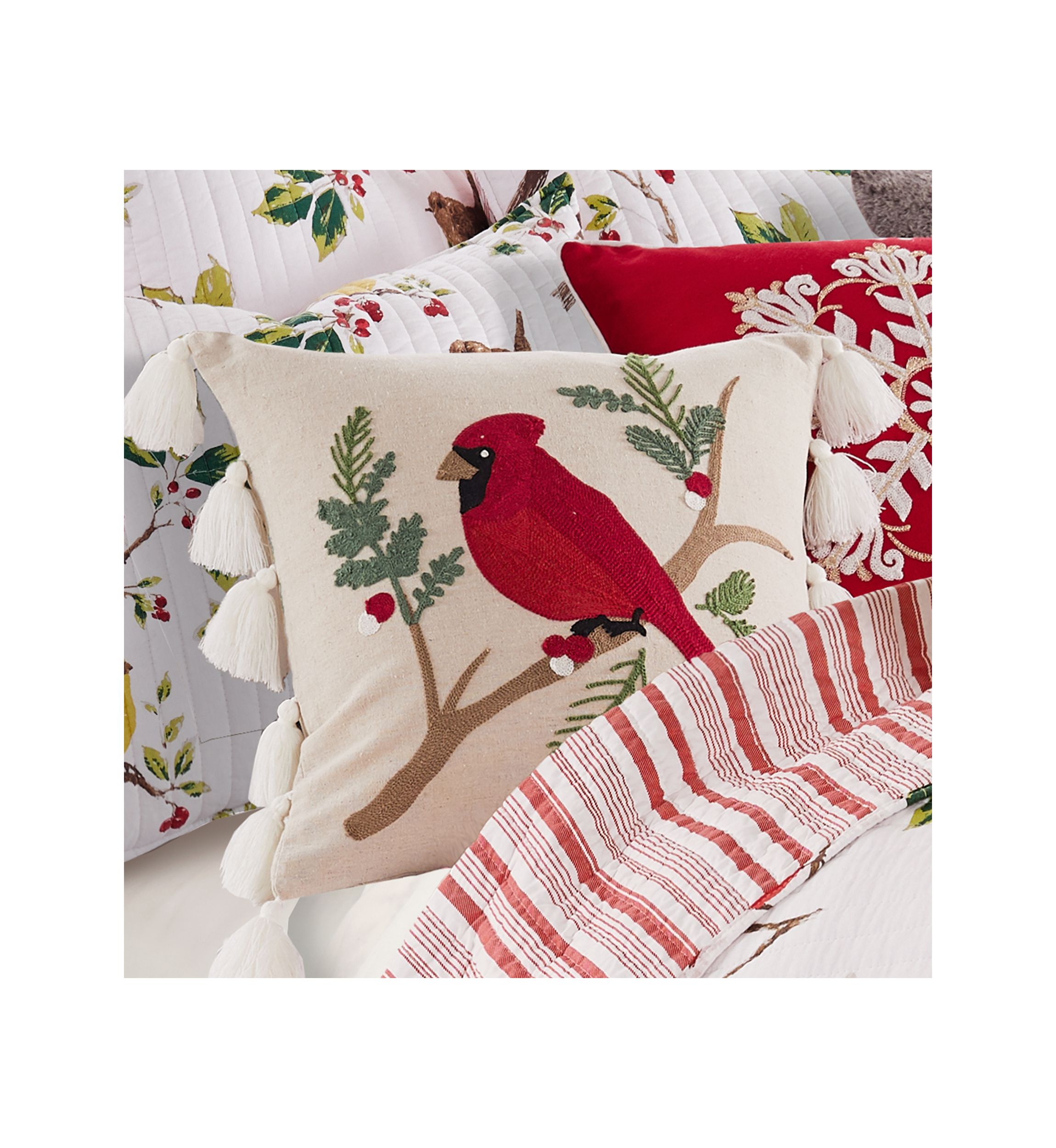Joybirds Cardinal Embroidered Tassel Pillow