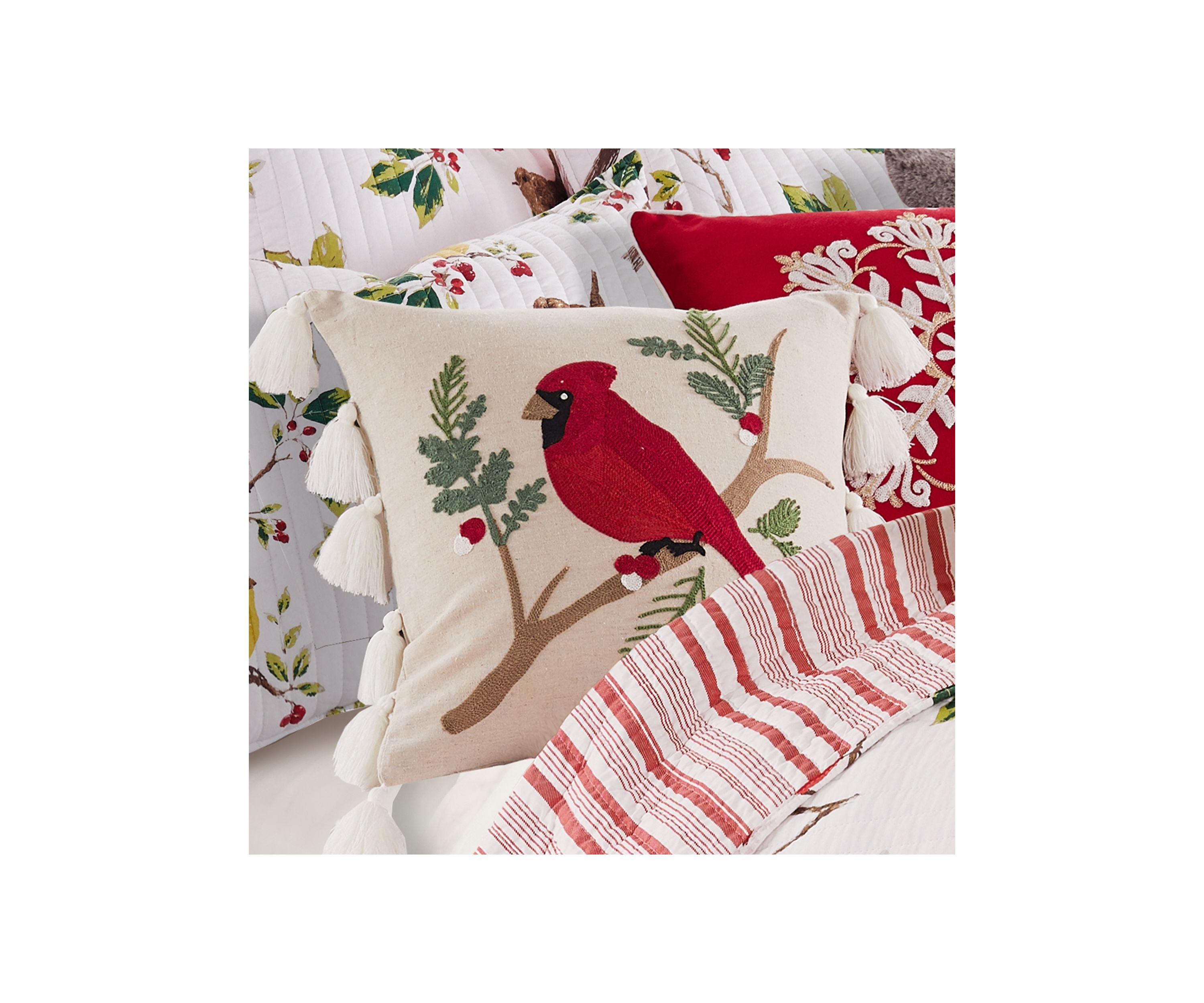 Joybirds Cardinal Embroidered Tassel Pillow