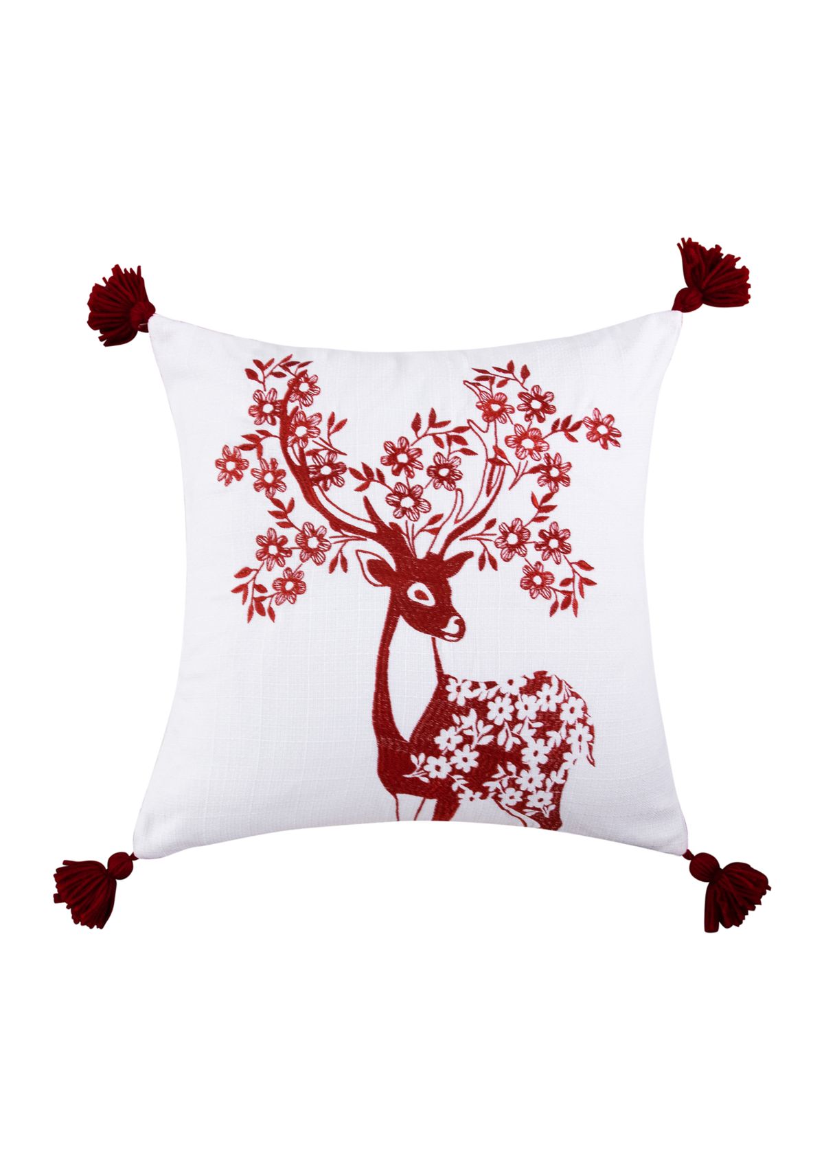 Sleigh Bells Red Deer Embroidered Pillow