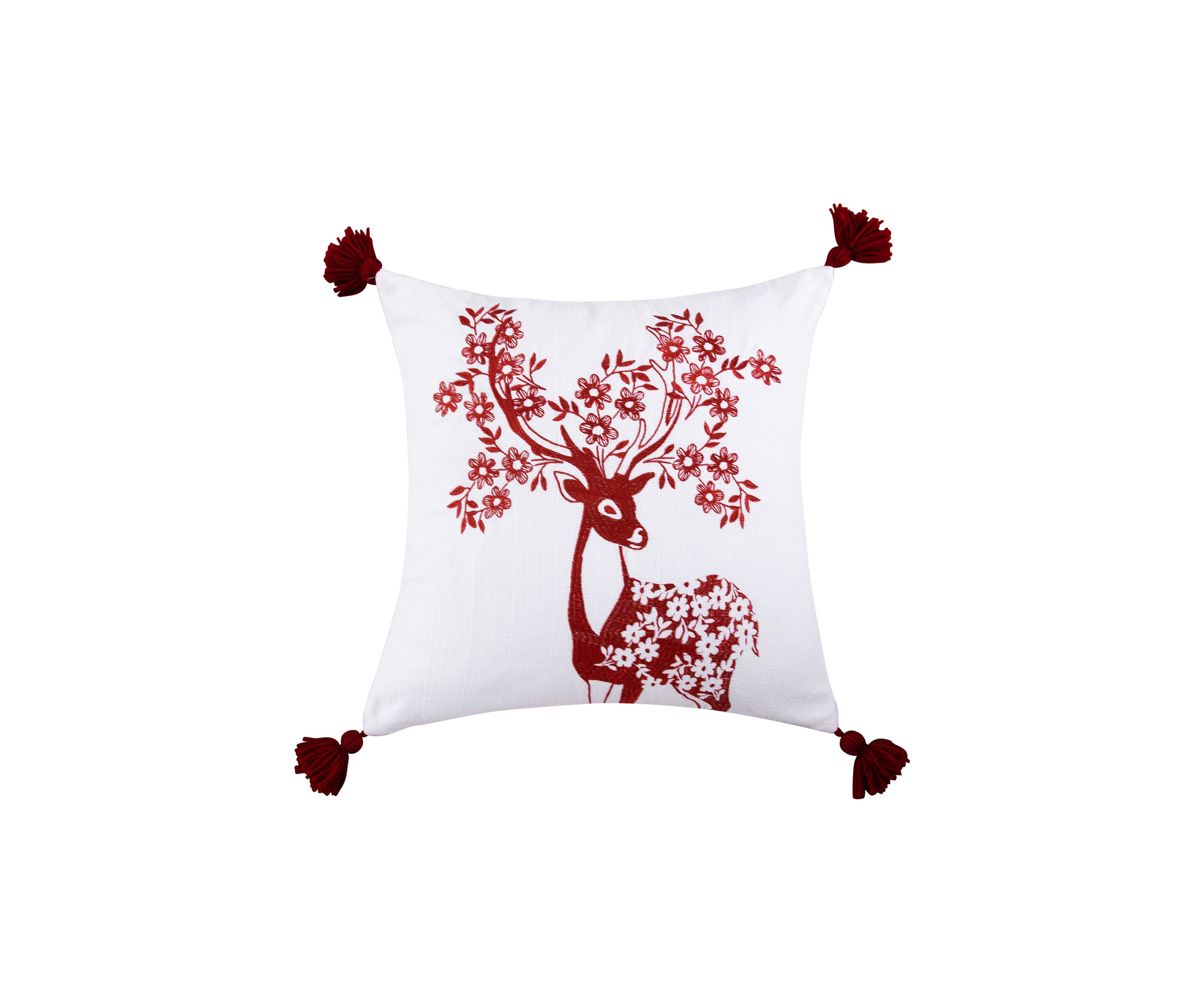 Sleigh Bells Red Deer Embroidered Pillow