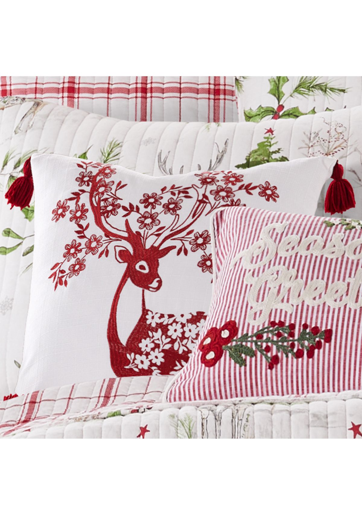 Sleigh Bells Red Deer Embroidered Pillow