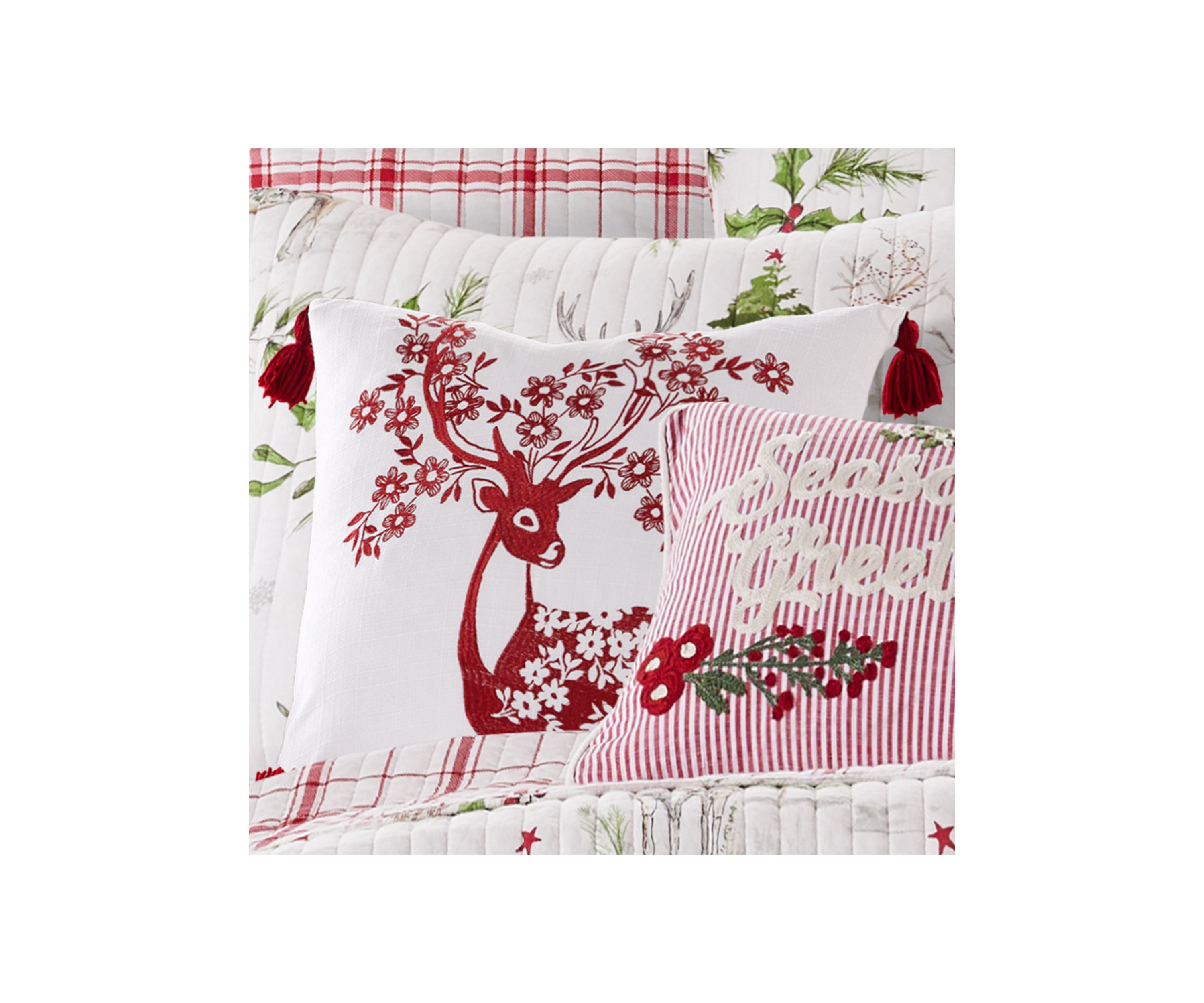 Sleigh Bells Red Deer Embroidered Pillow