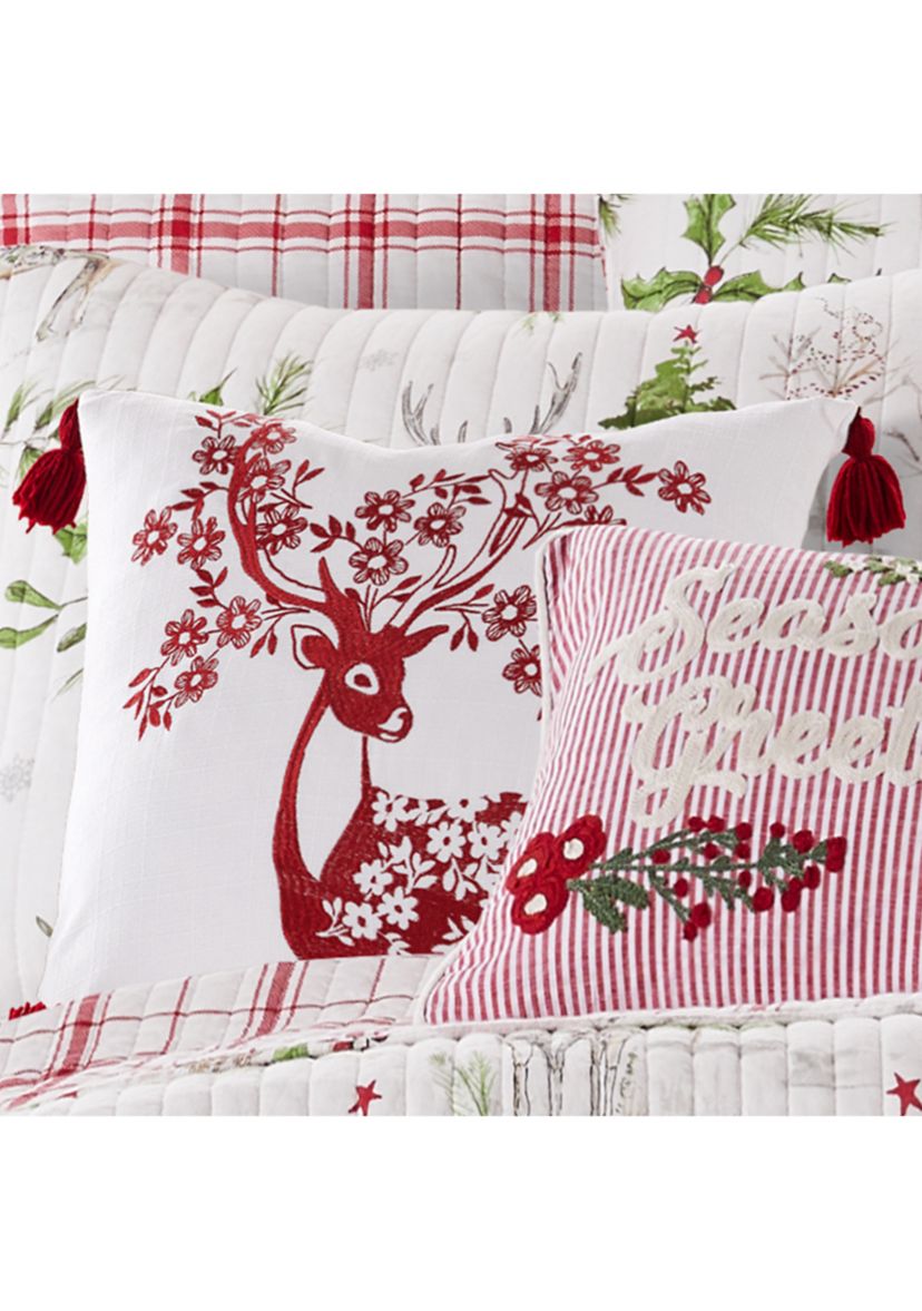 Sleigh Bells Red Deer Embroidered Pillow