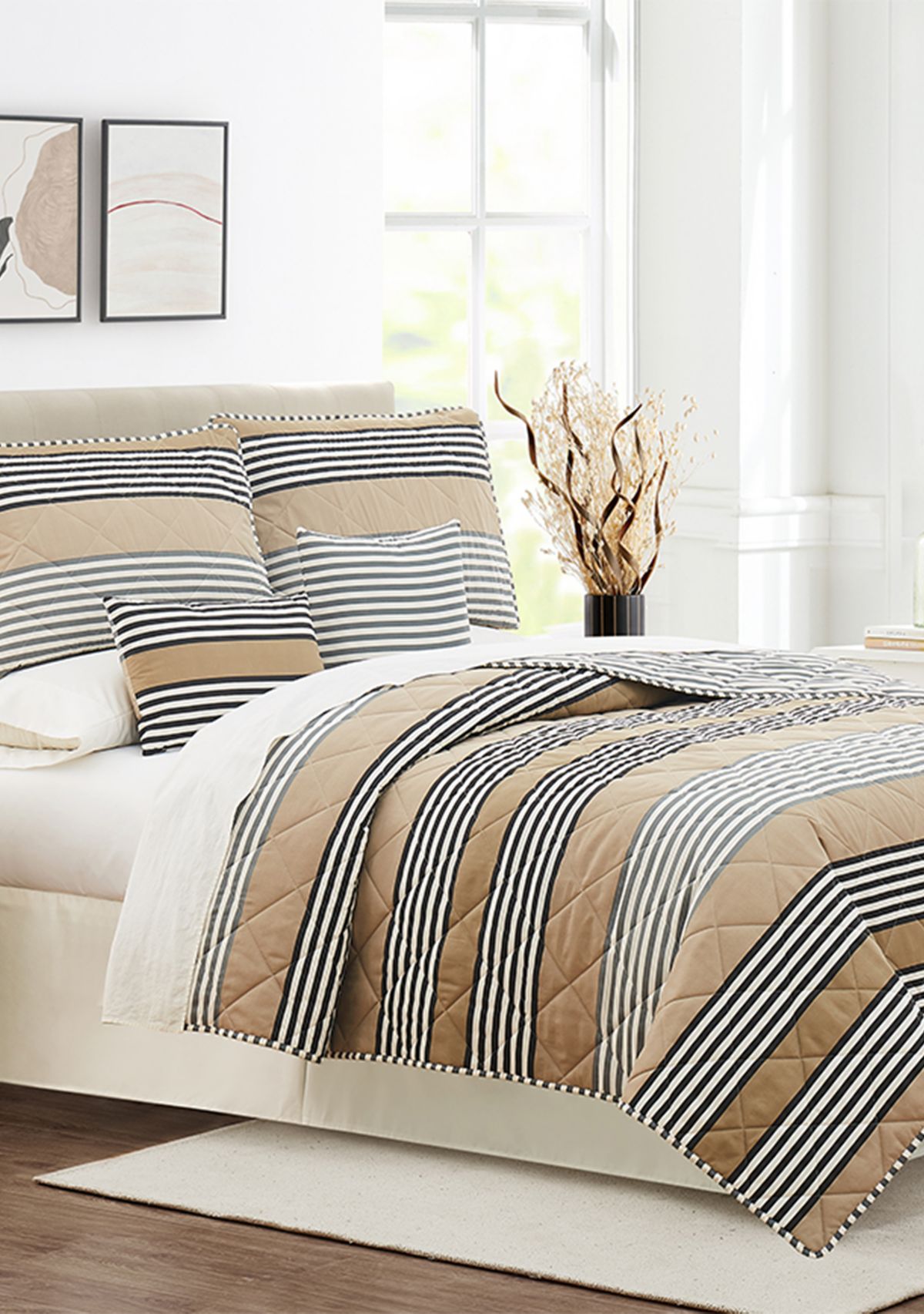 Tan Wide Stripe 6-Piece Quilt Set