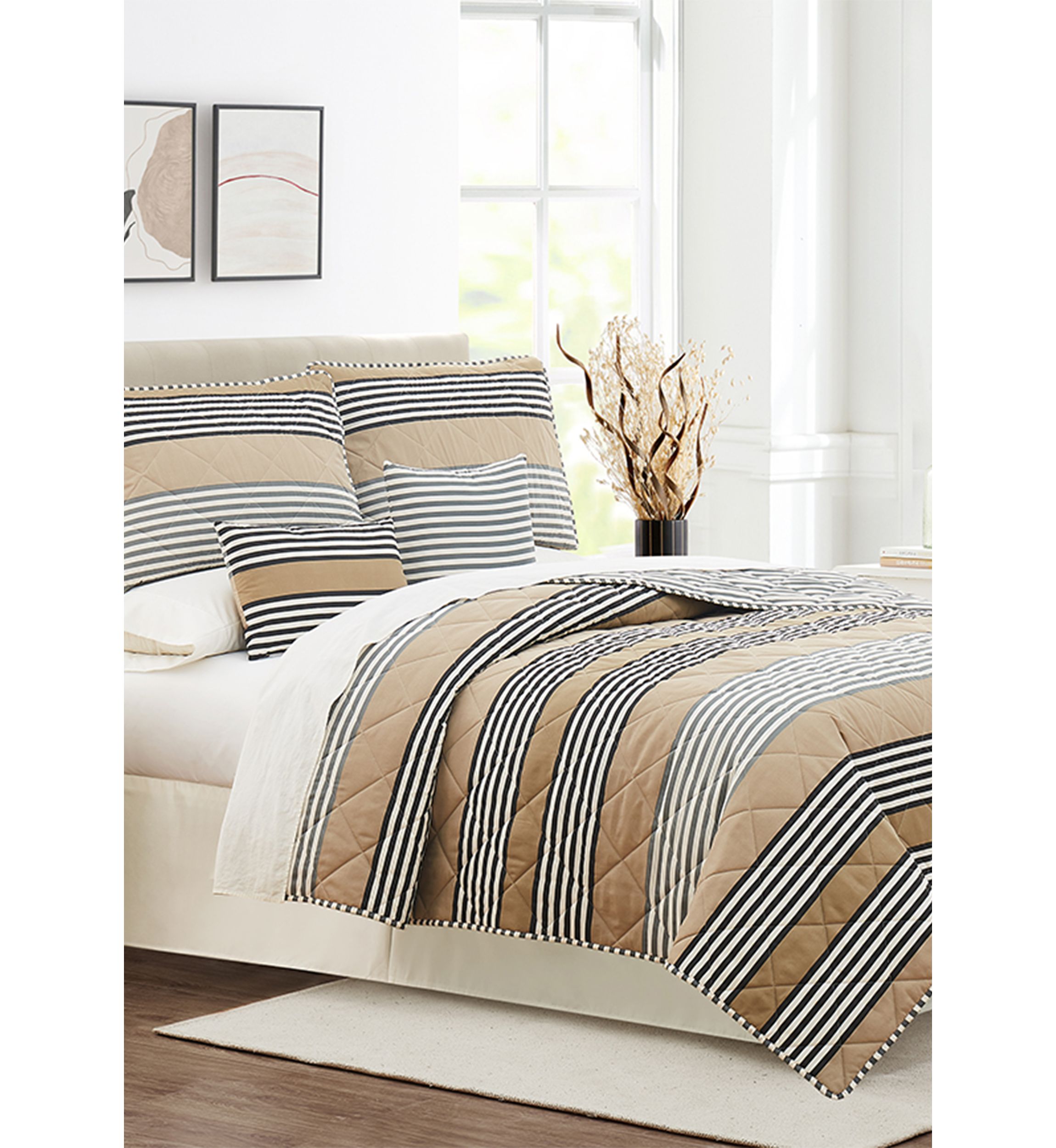 Tan Wide Stripe 6-Piece Quilt Set