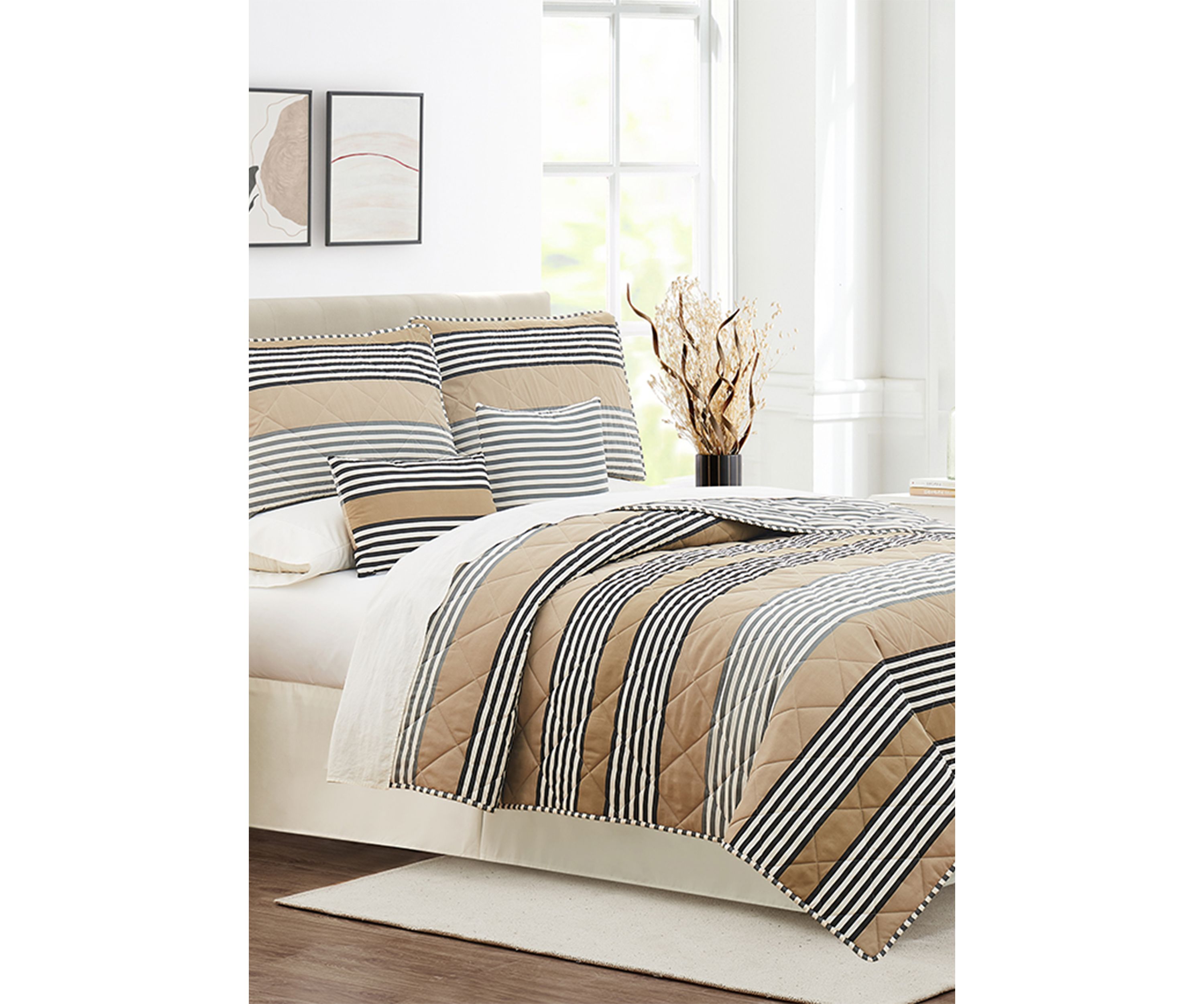 Tan Wide Stripe 6-Piece Quilt Set