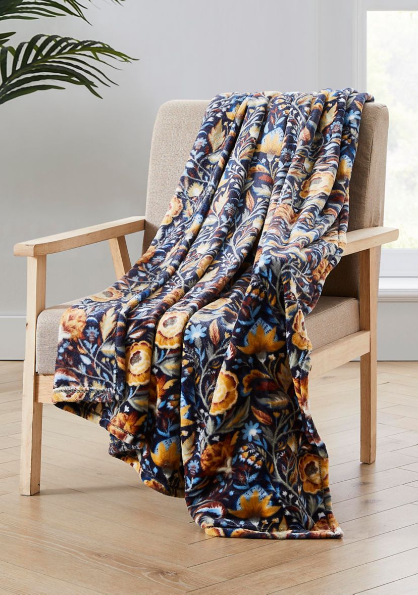 Blue Floral Printed Plush Throw Blanket