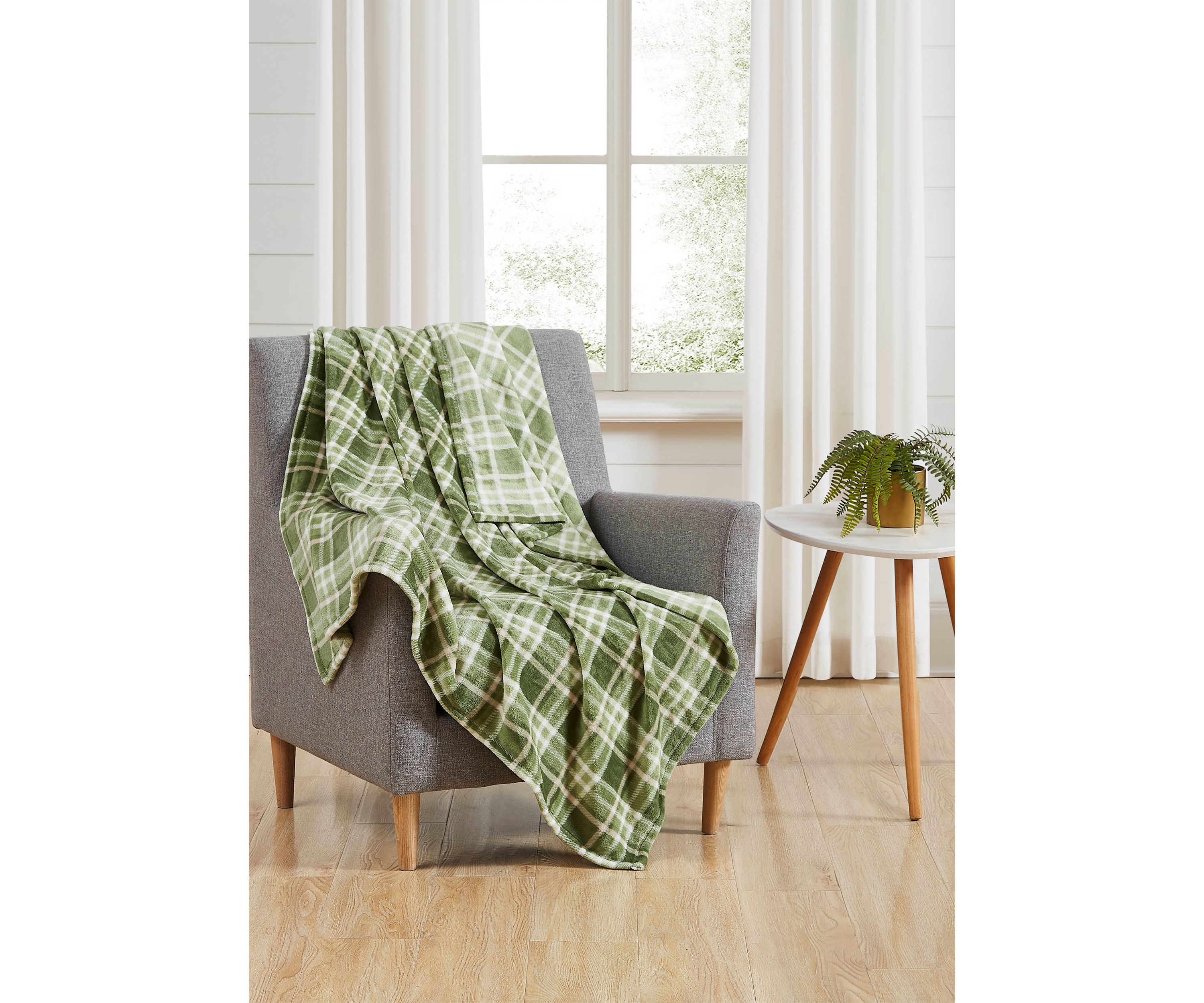 Green Plaid Plush Throw Blanket