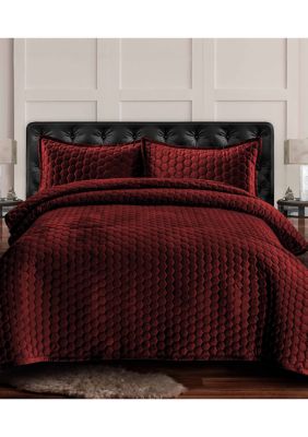 Tribeca Living Lugano Honeycomb Velvet Oversized Solid Quilt Set, Red, Queen