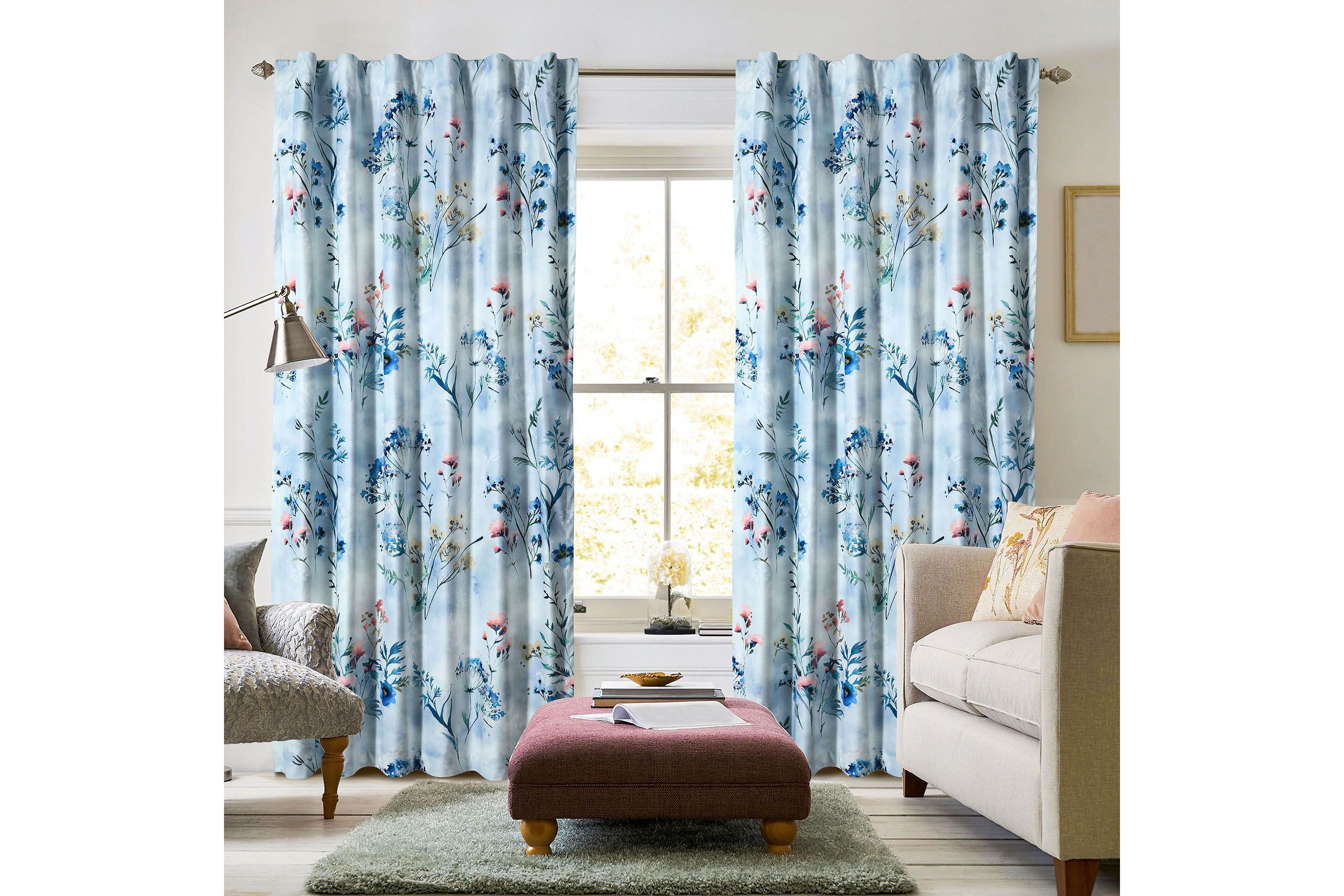 Iris Floral Printed Velvet Room Darkening Window Curtains - 2 Panels
