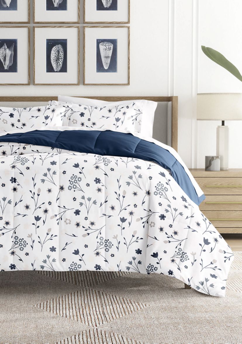 Reversible  Patterned  Forget Me Not Ultra Soft Microfiber Down-Alternative Comforter Set