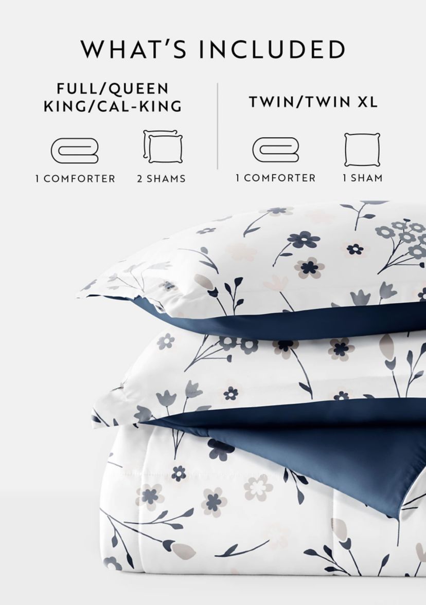 Reversible  Patterned  Forget Me Not Ultra Soft Microfiber Down-Alternative Comforter Set