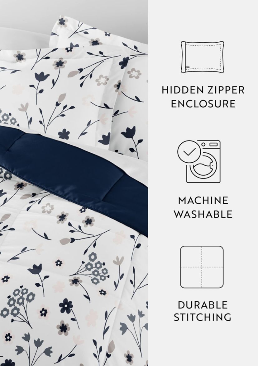 Reversible  Patterned  Forget Me Not Ultra Soft Microfiber Down-Alternative Comforter Set