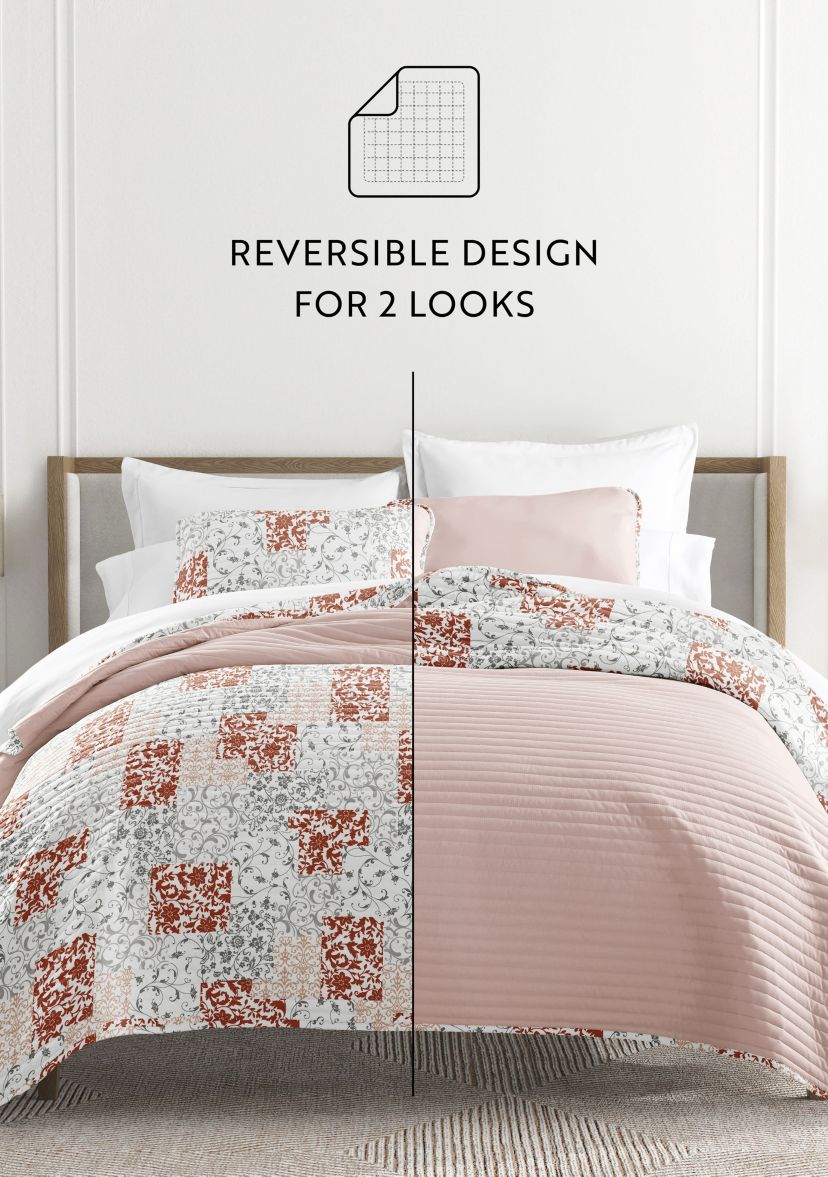 Ultra Soft Microfiber Reversible Scrolled Patchwork All Season Quilt Set with Shams