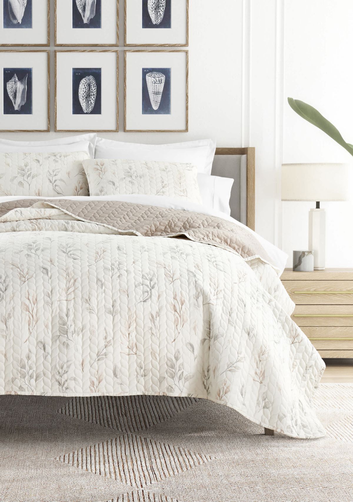 Ultra Soft Microfiber Reversible Watercolor Leaves/Stripe All Season Quilt Set with Shams