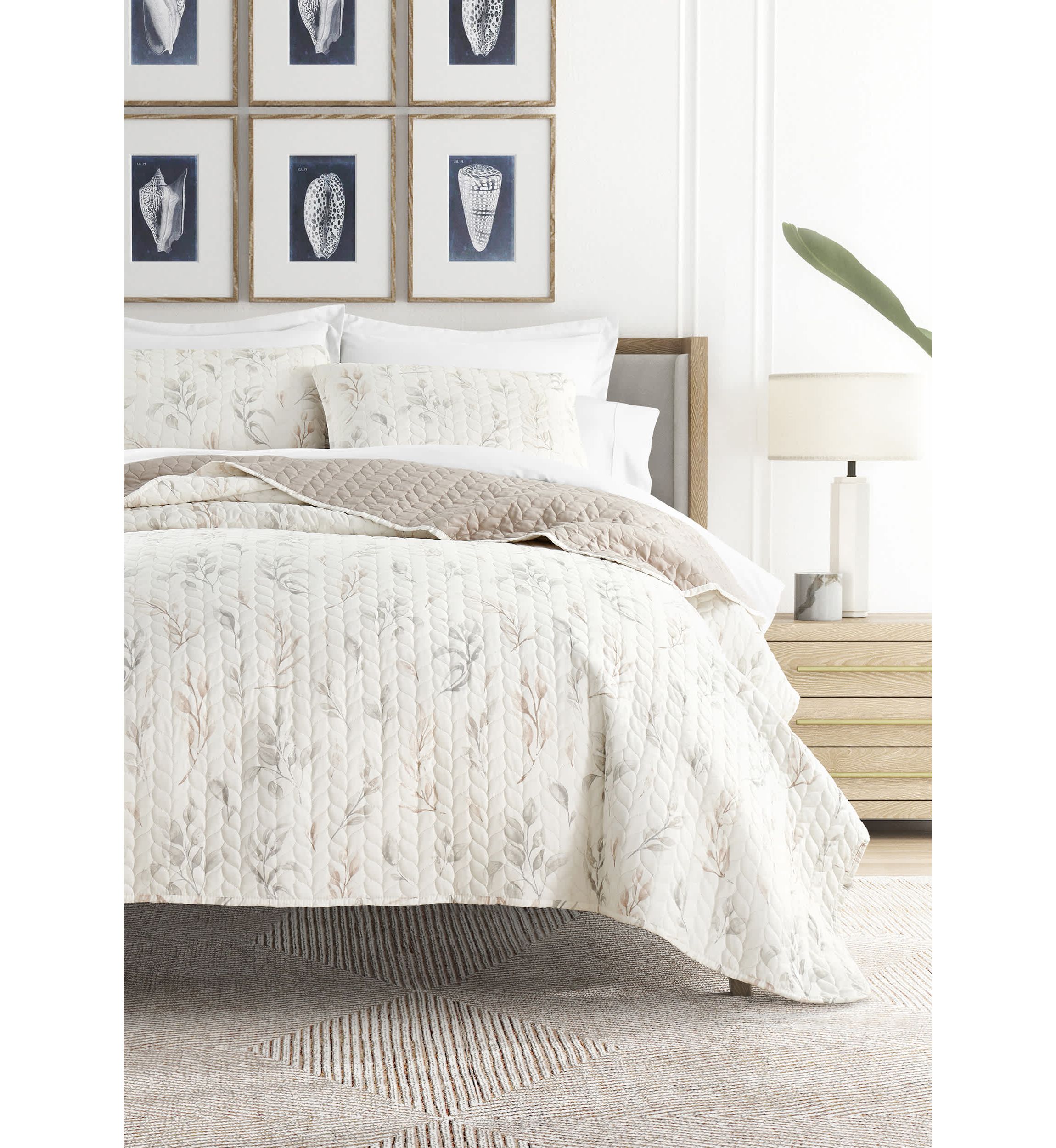 Ultra Soft Microfiber Reversible Watercolor Leaves/Stripe All Season Quilt Set with Shams
