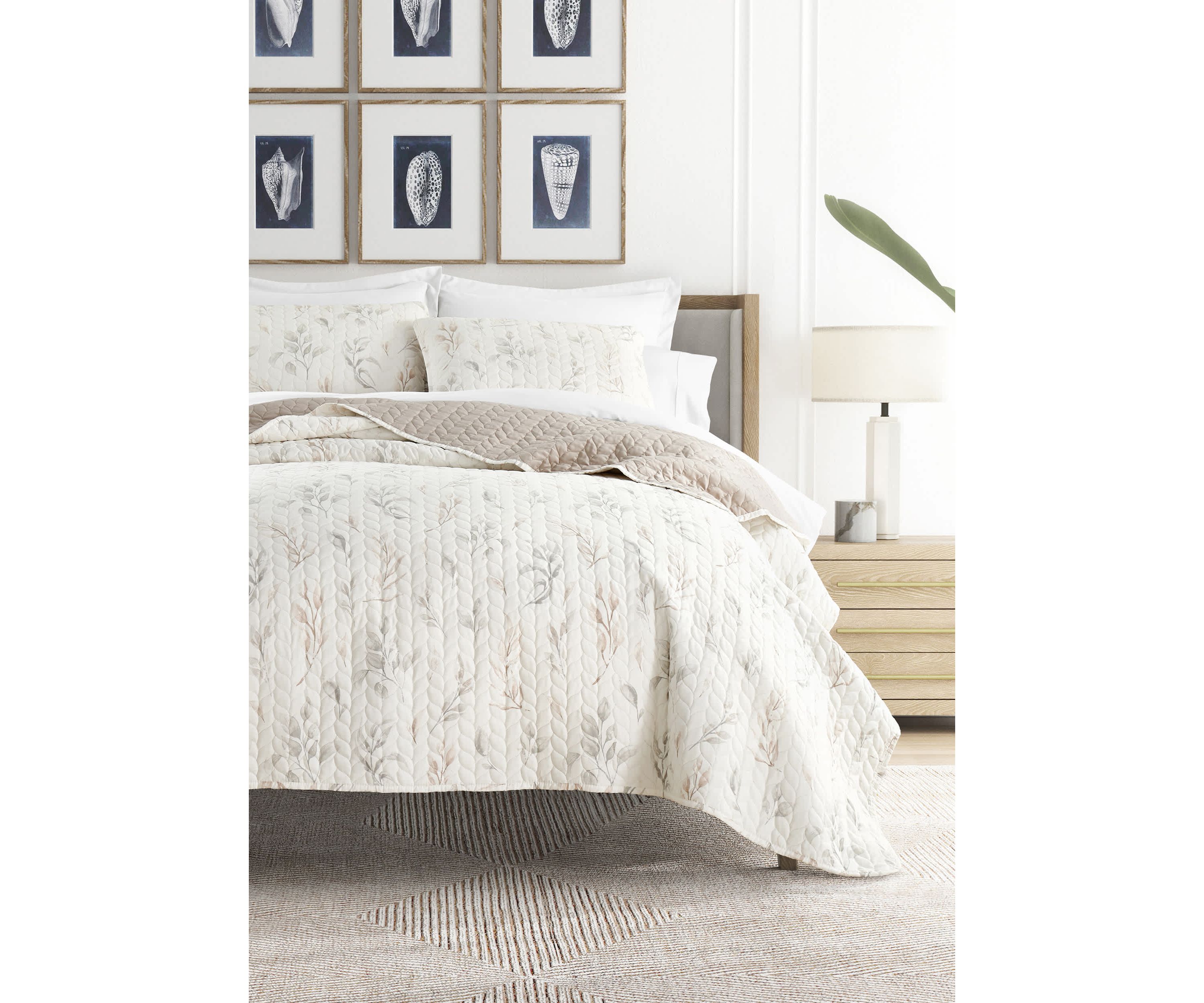 Ultra Soft Microfiber Reversible Watercolor Leaves/Stripe All Season Quilt Set with Shams