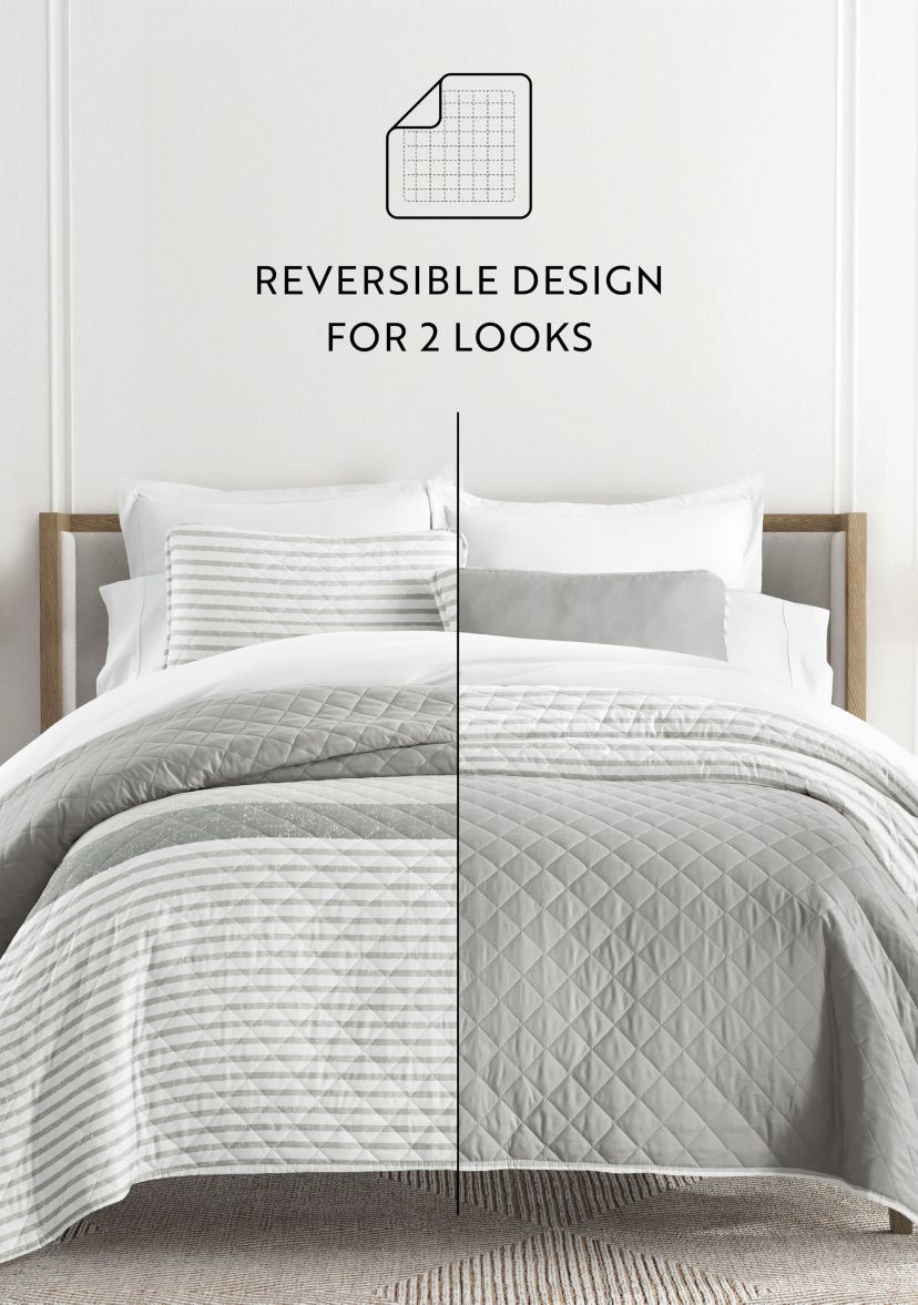 Ultra Soft Microfiber Reversible Summer Stripes All Season Quilt  Set with Shams