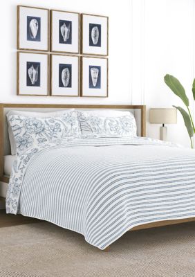 All Season 3 Piece Jacobean/Stripe Reversible Quilt Set with Shams