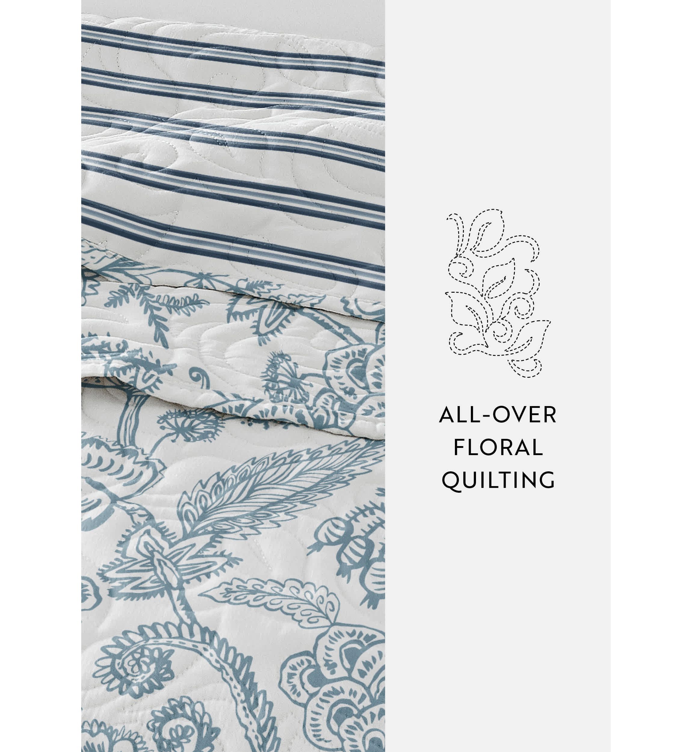 Ultra Soft Microfiber Reversible Jacobean/Stripe All Season Quilt Set with Shams