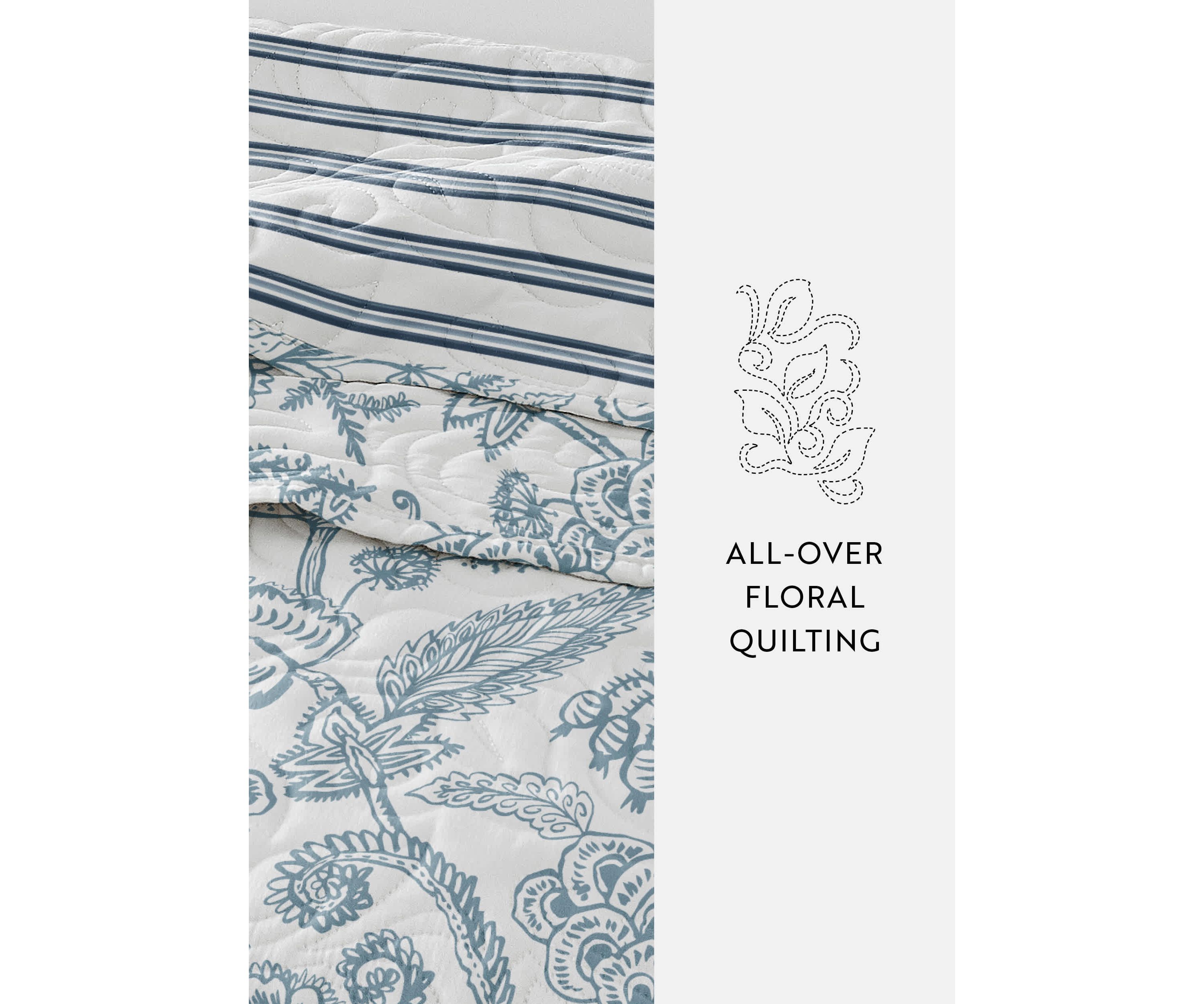 Ultra Soft Microfiber Reversible Jacobean/Stripe All Season Quilt Set with Shams