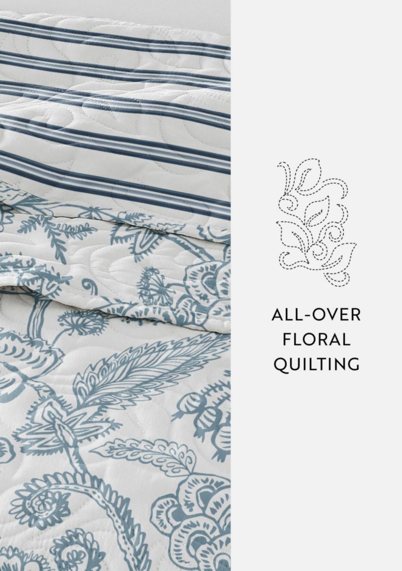 Ultra Soft Microfiber Reversible Jacobean/Stripe All Season Quilt Set with Shams