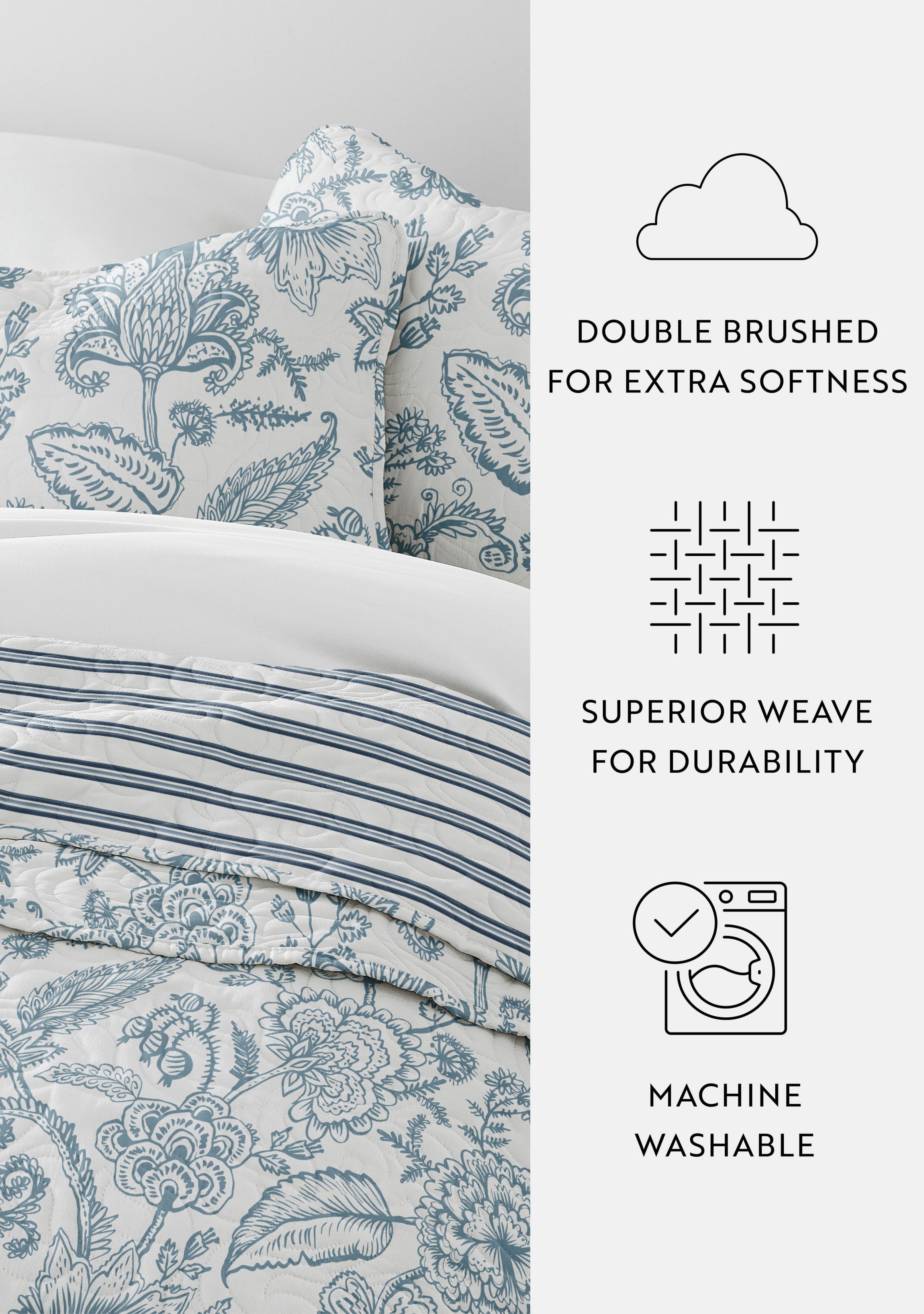 Ultra Soft Microfiber Reversible Jacobean/Stripe All Season Quilt Set with Shams