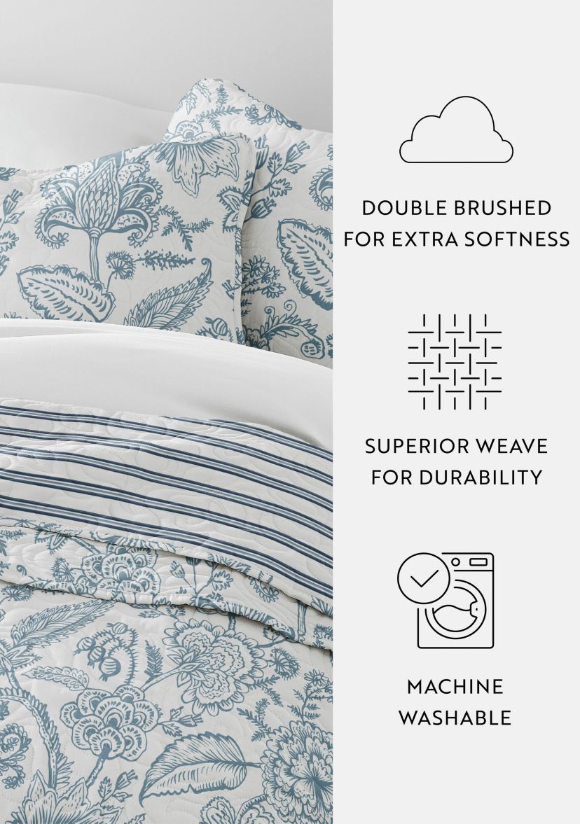 Ultra Soft Microfiber Reversible Jacobean/Stripe All Season Quilt Set with Shams