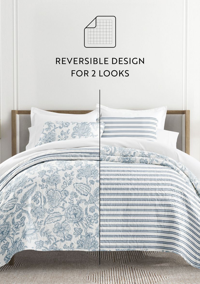 Ultra Soft Microfiber Reversible Jacobean/Stripe All Season Quilt Set with Shams